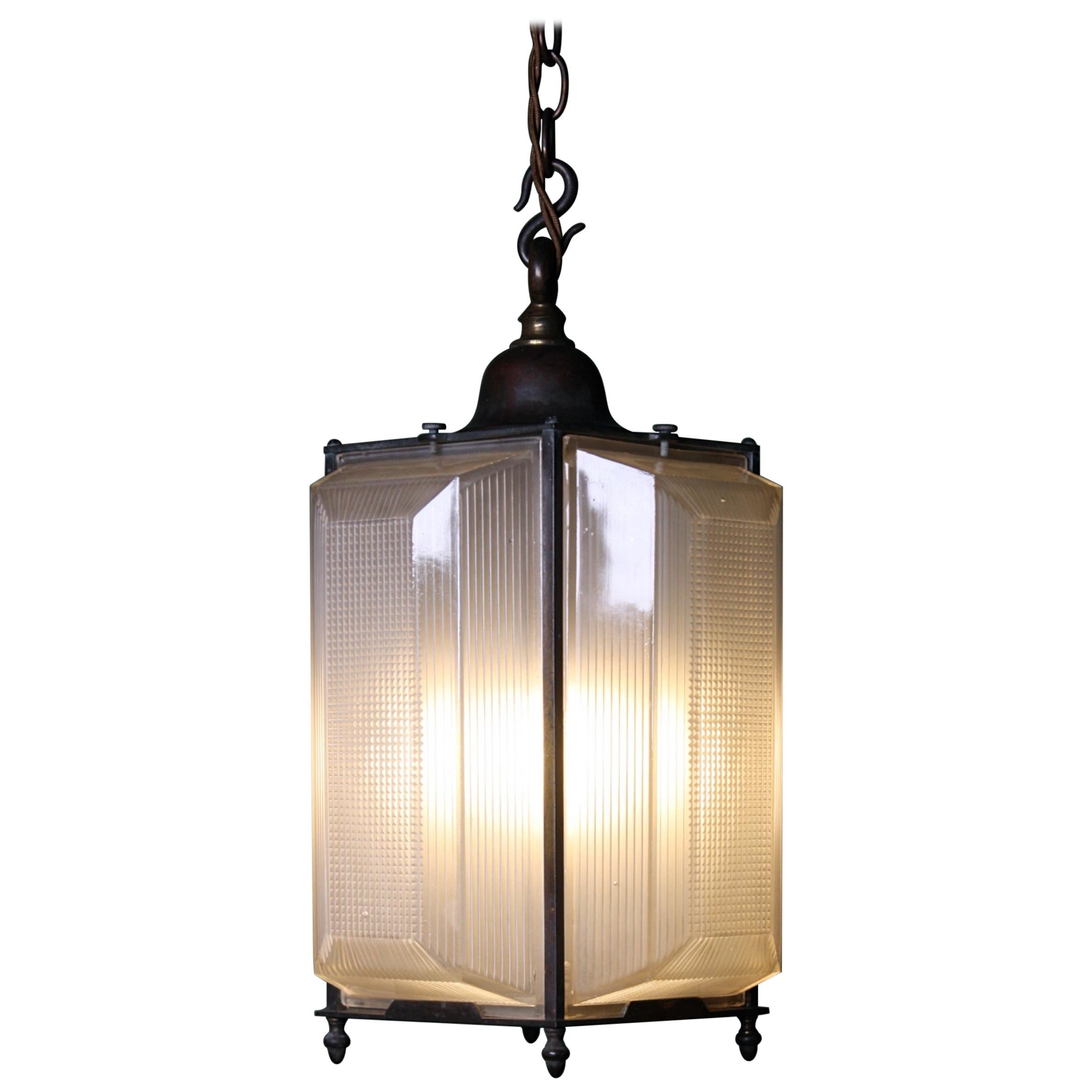 Early 20th Century Prismatic Glass and Bronze Holophane Lantern Light