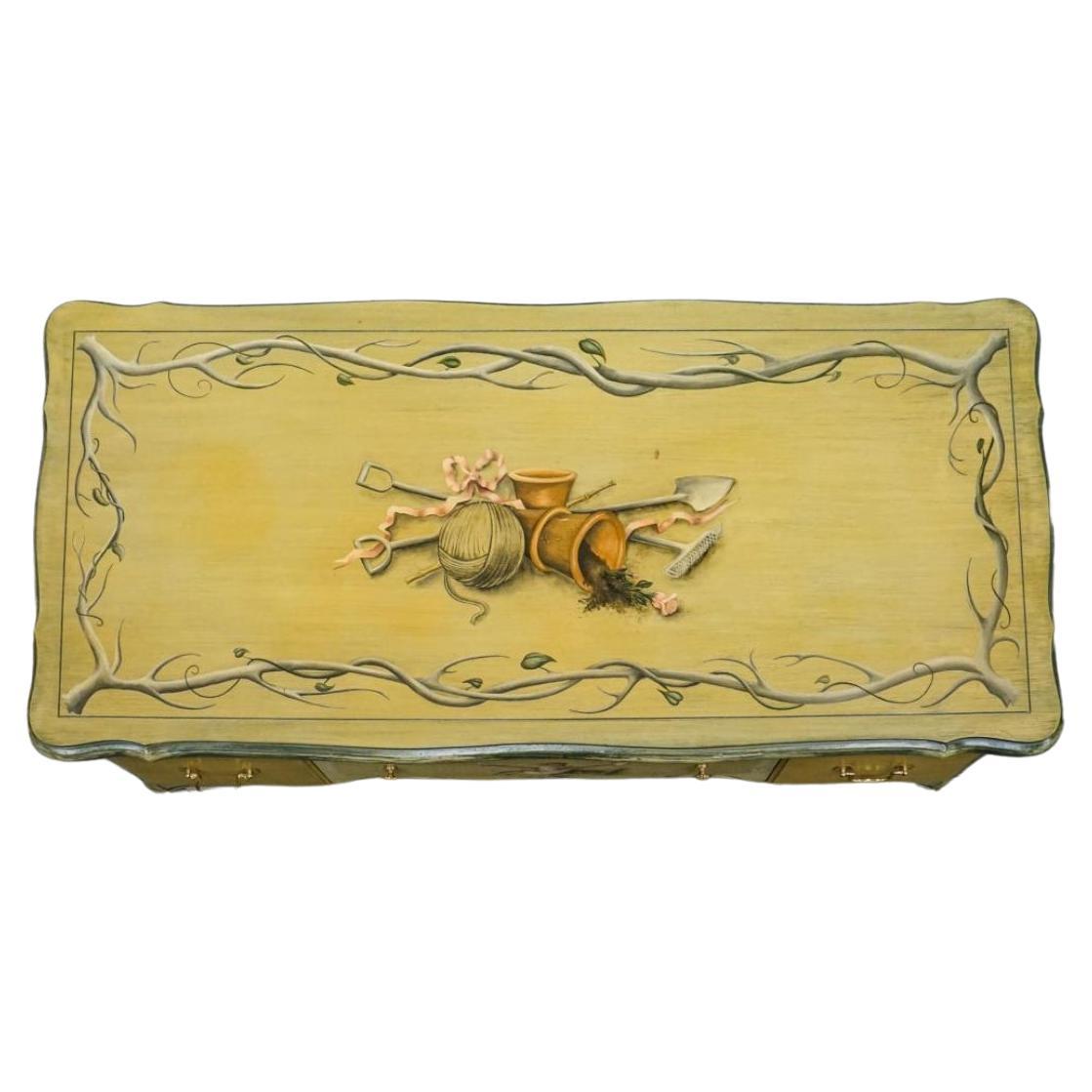 An Early 20th Century French Provincial Cherry  with a freshly Hand Enameled and Decorated Desk or vanity. Artistic and professionally enameled. Light  Lemon yellowish green base. Measures 49.75