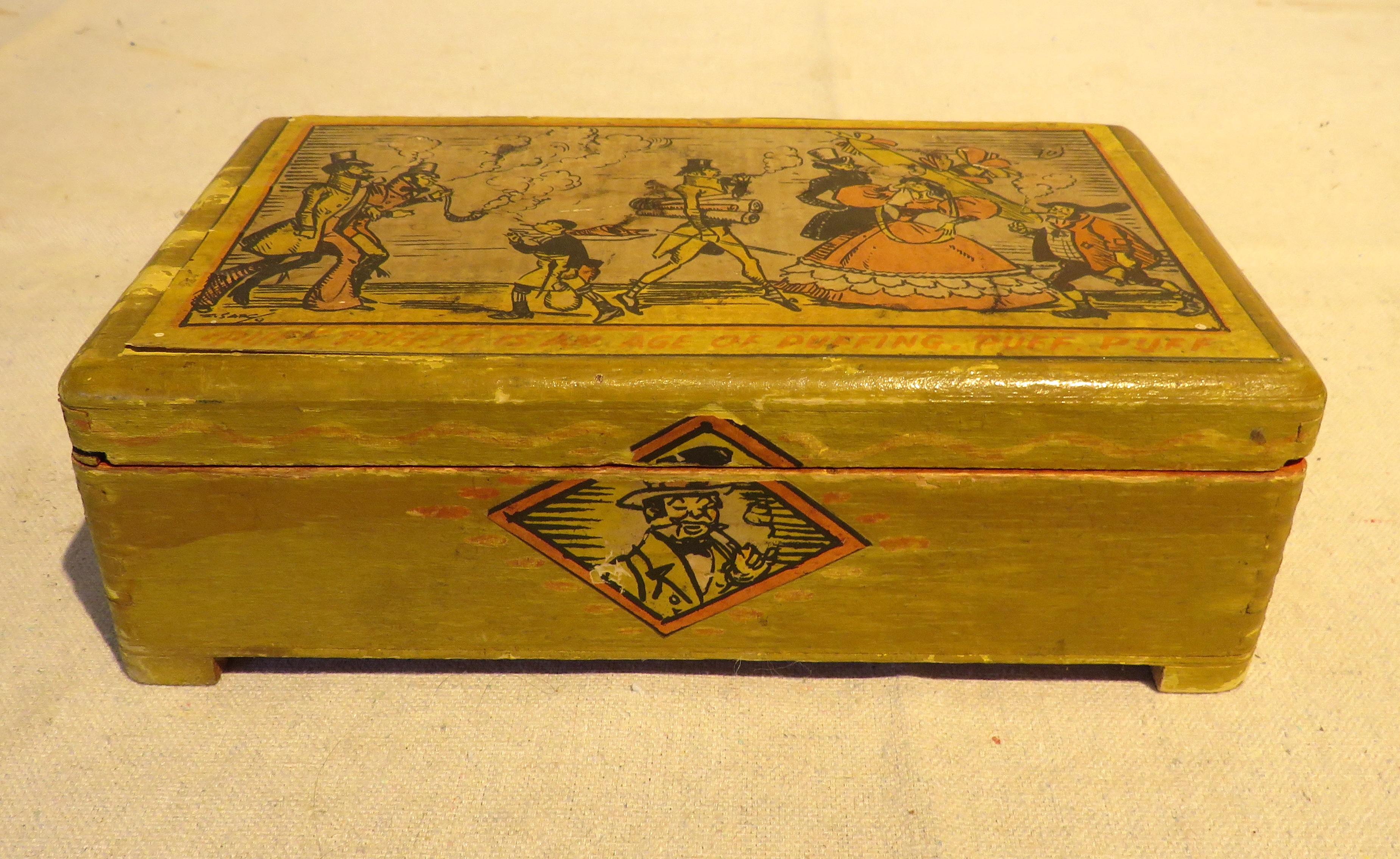 Collectible lift-top wooden box with lithograph applied to lid reading 