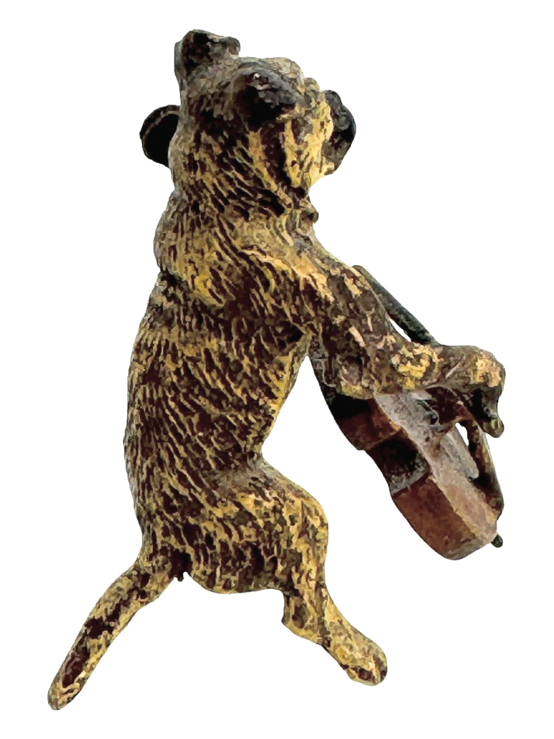 Hand-Painted Early 20th Century Pug Dog Musician Austrian Vienna Bronze Miniature Figure For Sale