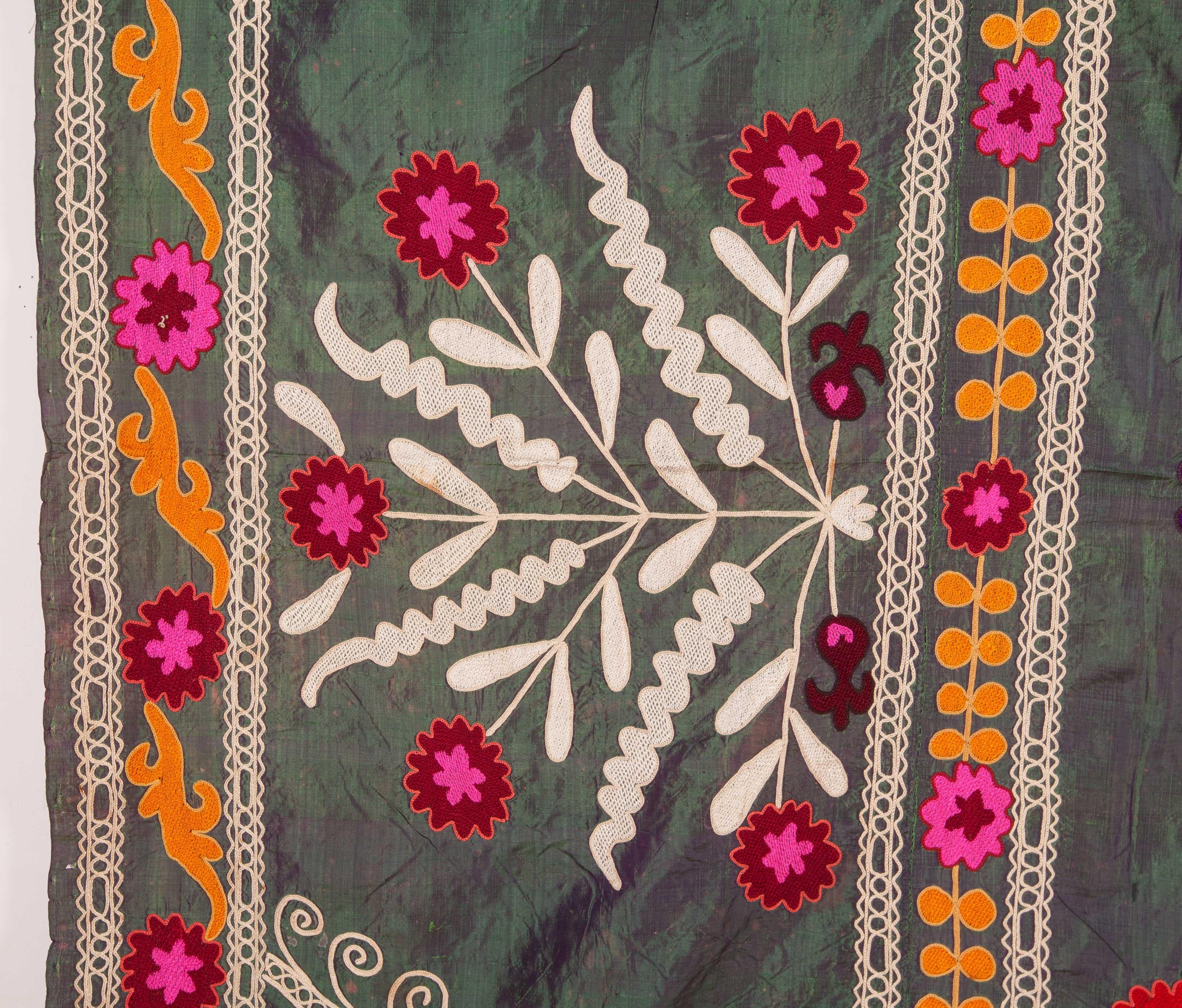 Embroidered Early 20th Century Pure Silk Green Ground Suzani from Uzbekistan