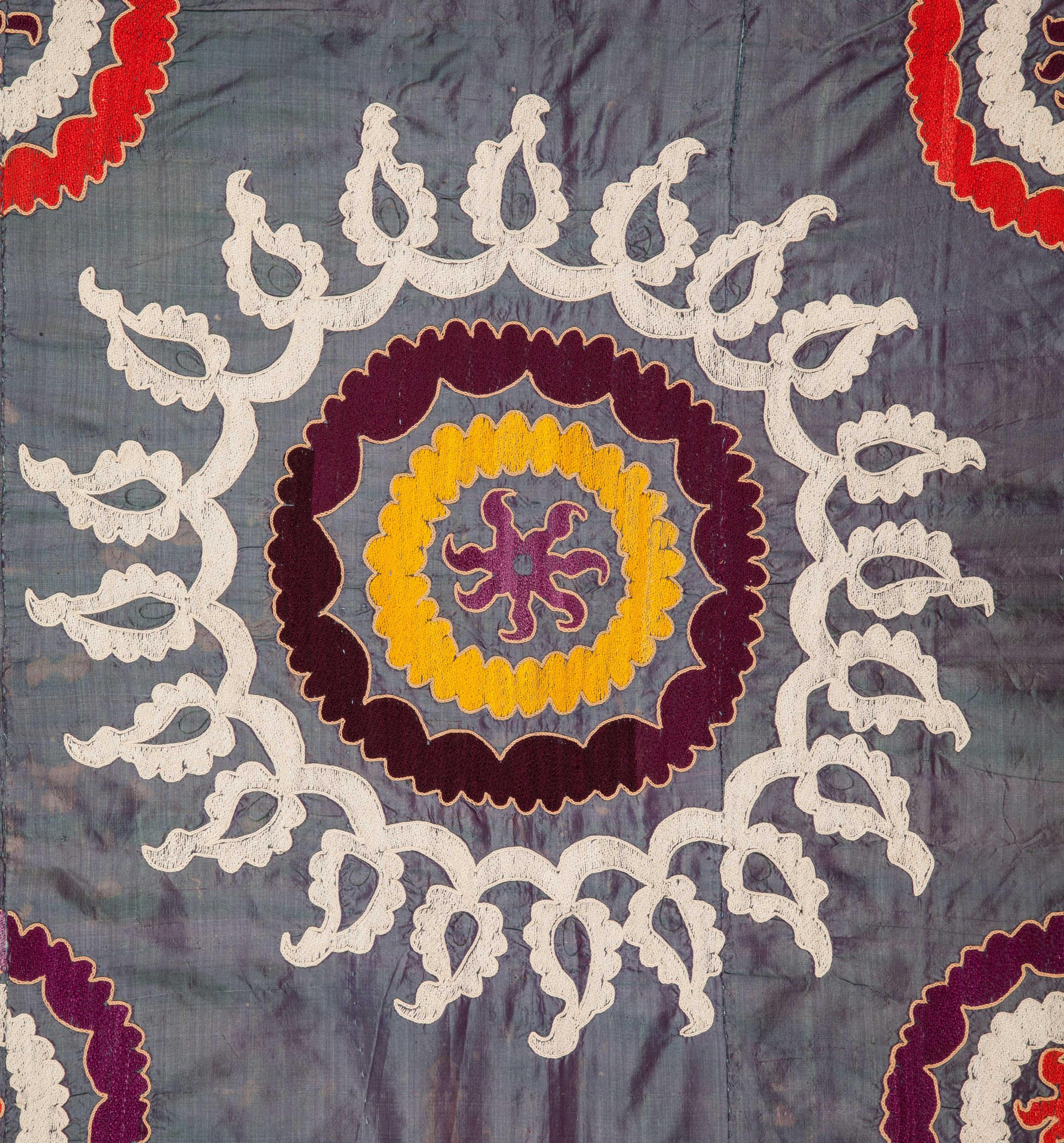 Embroidered Early 20th Century Pure Silk Suzani from Uzbekistan, Central Asia For Sale