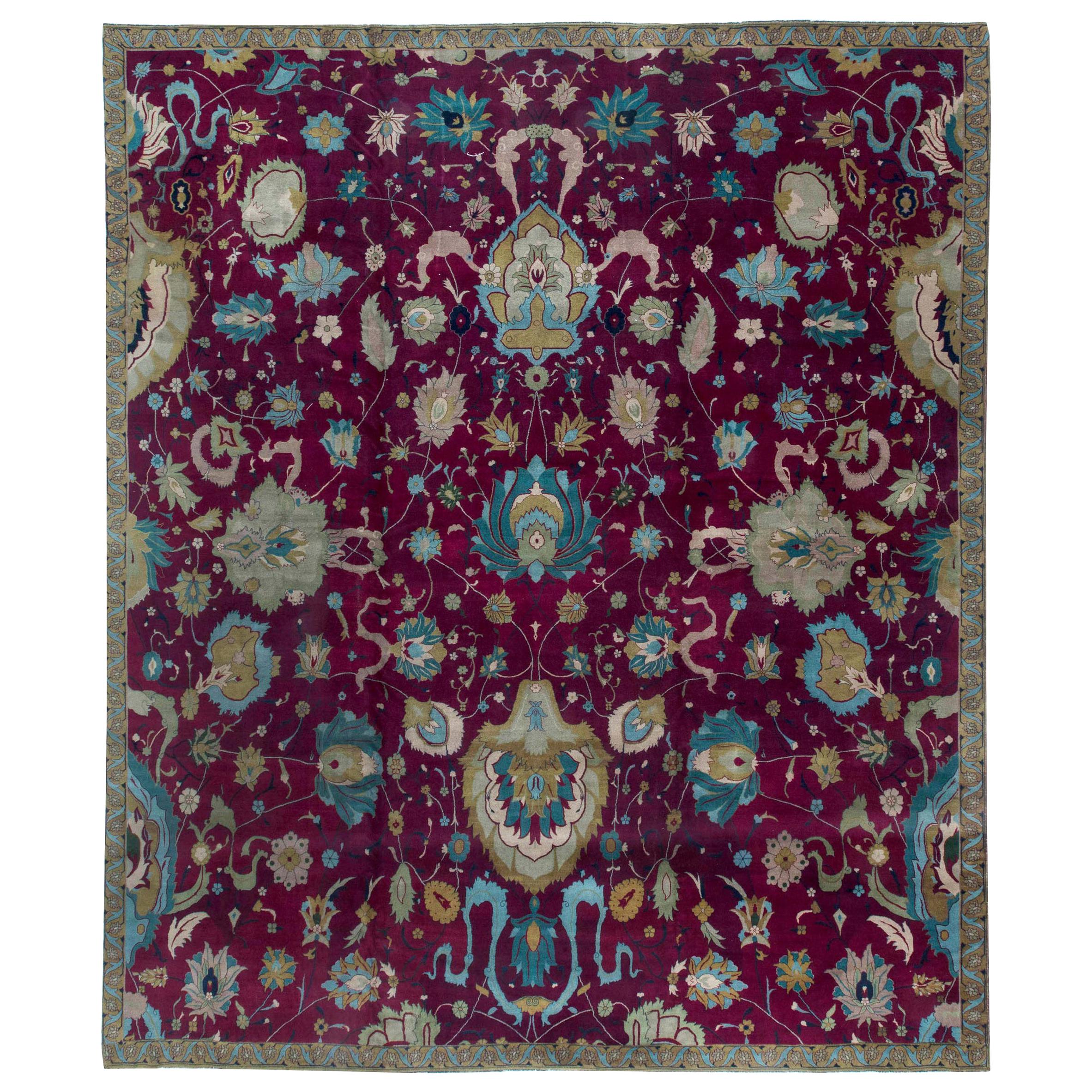 Early 20th Century Purple Floral Indian Handmade Wool Rug