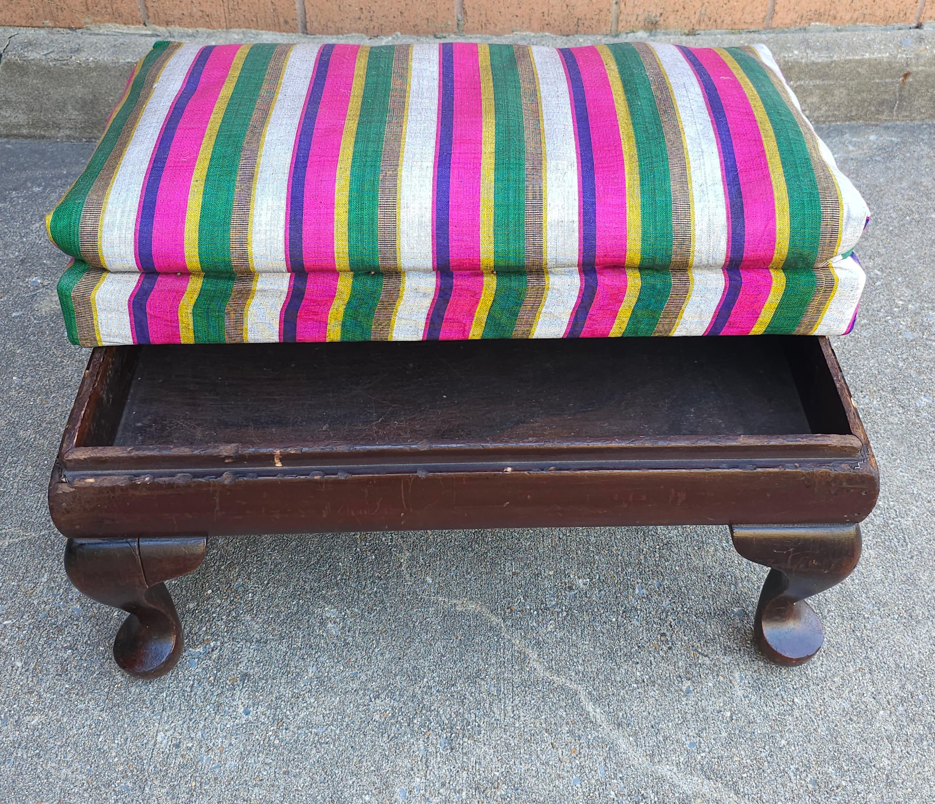 American Early 20th Century Queen Anne Mahogany and Upholstered Storage Foot Stool For Sale