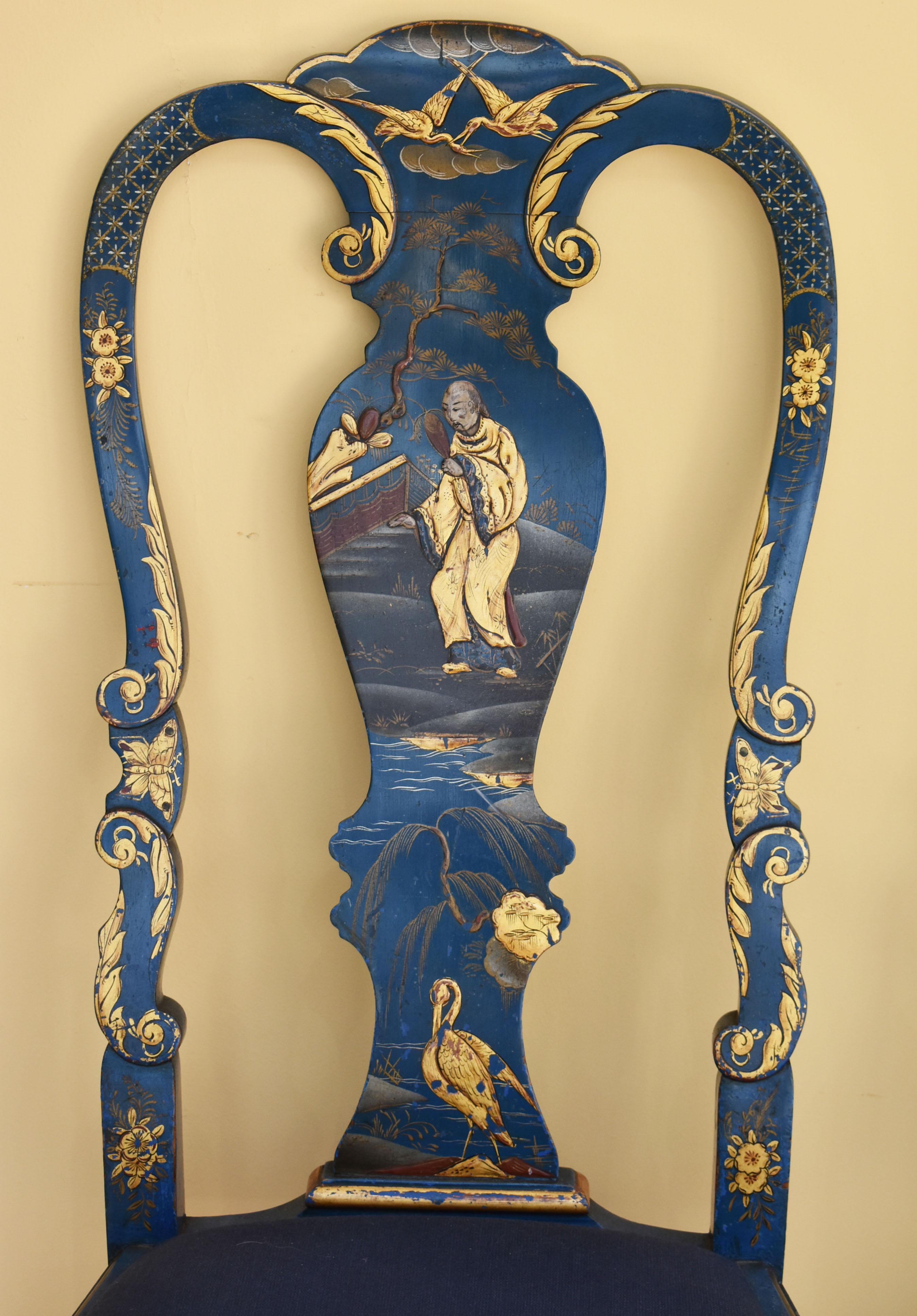 For sale is a good quality set of three Queen Anne style chinoiserie chairs. Each chair is beautifully decorated with raised gilt chinoiserie, depicting oriental figures and scenes, each chair having a different decoration. All of the chairs are in