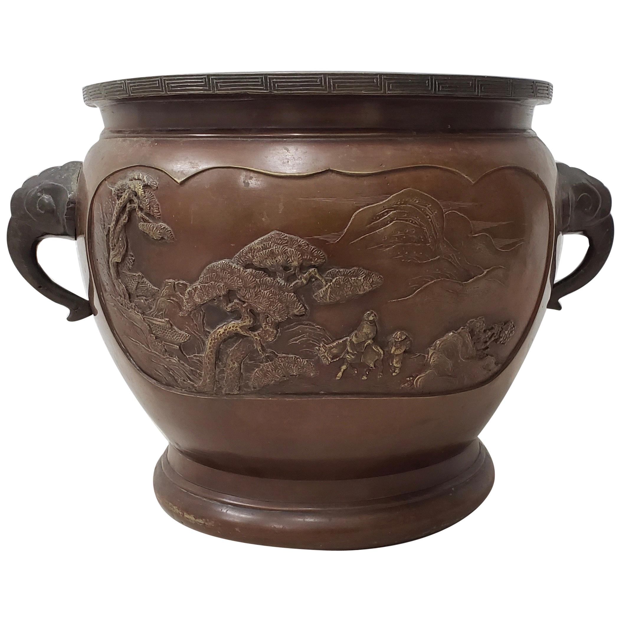 Early 20th Century Raised Relief Chinese Bronze Planter, circa 1920s