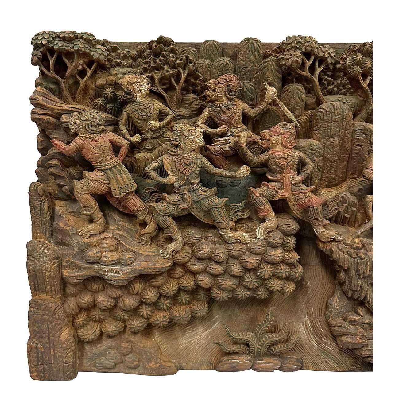 Art Deco Early 20th Century Ramayana Scene Wood Carving, Wall Hanging For Sale