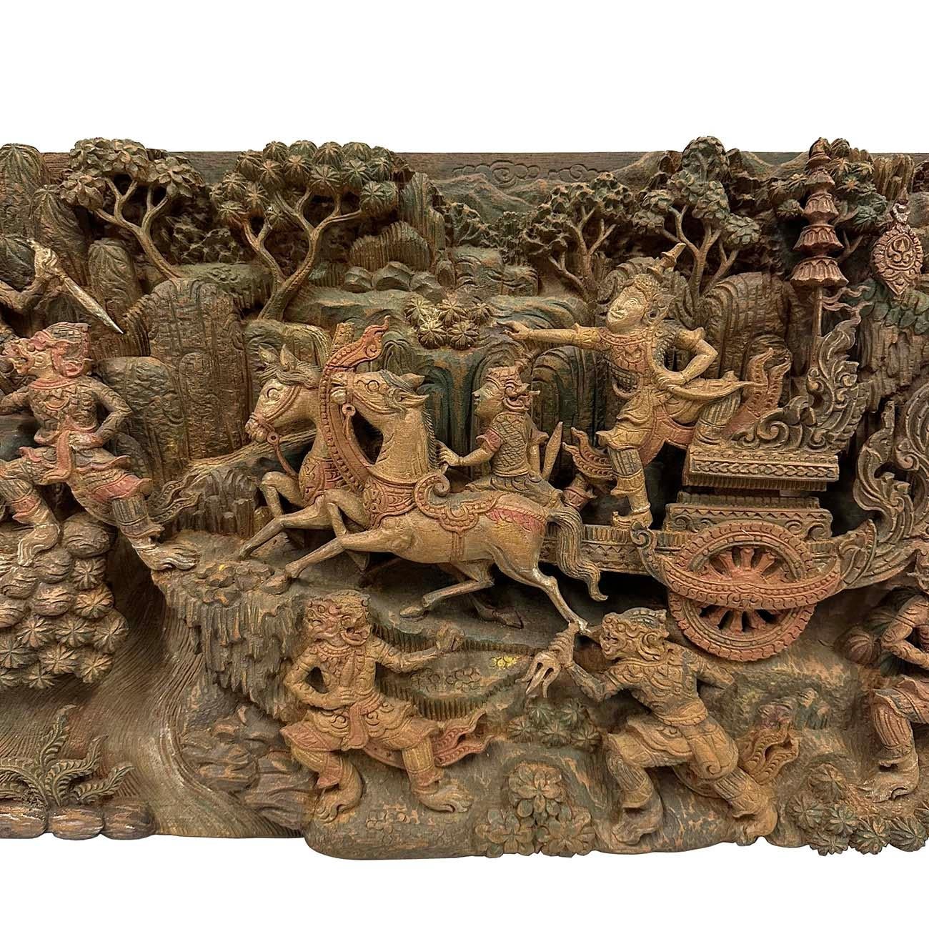 Indonesian Early 20th Century Ramayana Scene Wood Carving, Wall Hanging For Sale