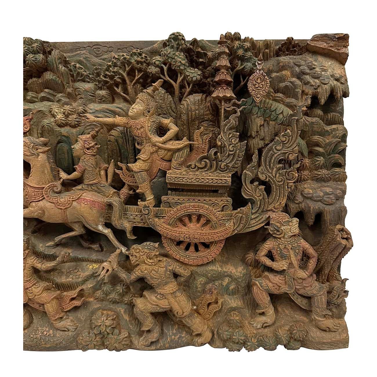 Hand-Carved Early 20th Century Ramayana Scene Wood Carving, Wall Hanging For Sale