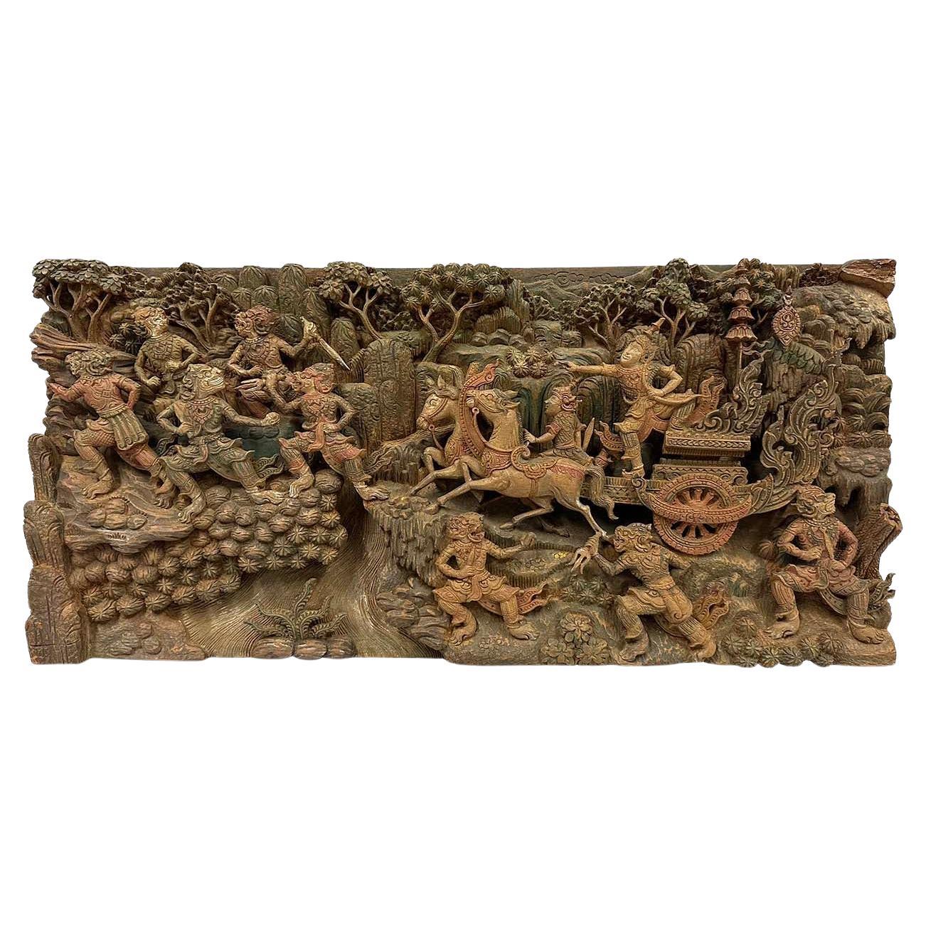 Early 20th Century Ramayana Scene Wood Carving, Wall Hanging For Sale