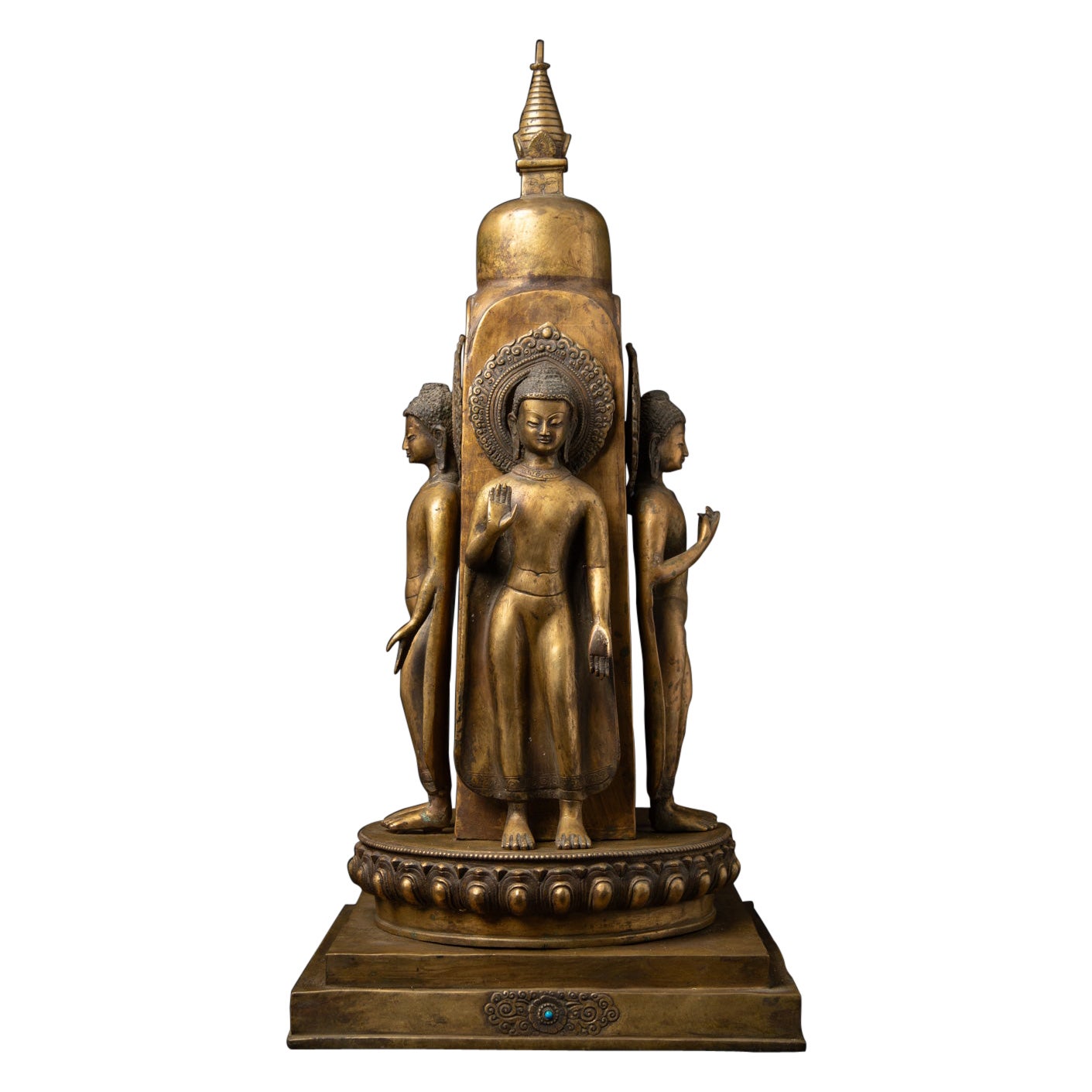 Early 20th century Rare antique bronze stupa with four bronze Buddha statues For Sale