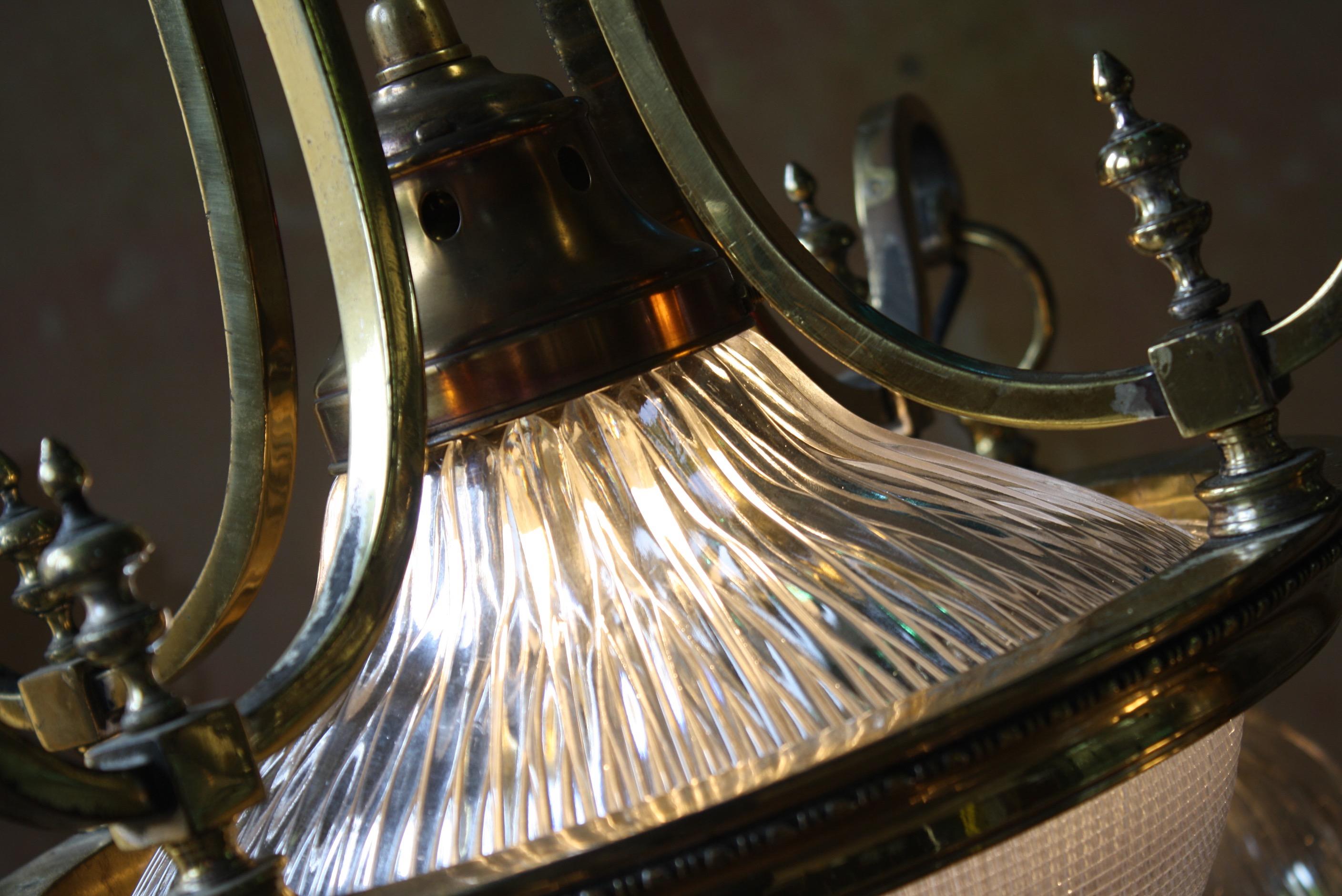 Early 20th Century Rare Brass & Prismatic Glass Holophane Chandelier Lantern In Good Condition In Lowestoft, GB
