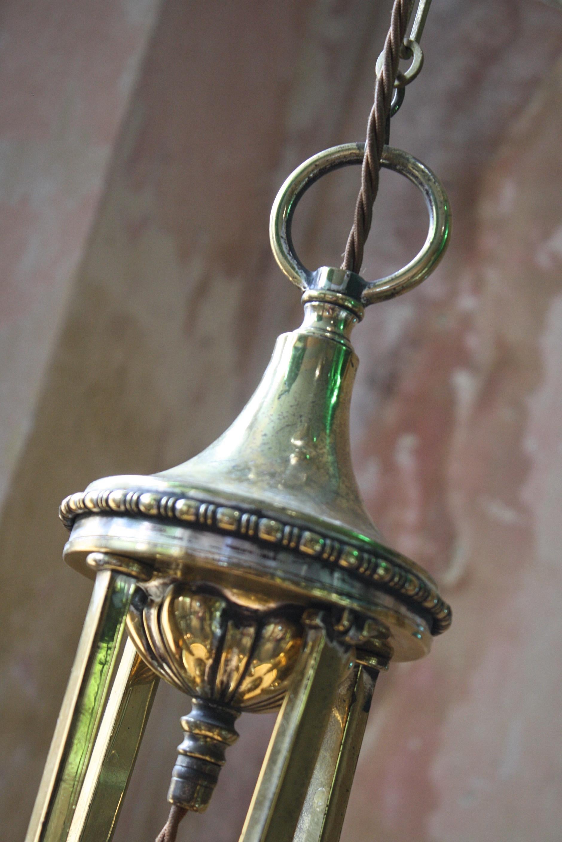 Early 20th Century Rare Brass & Prismatic Glass Holophane Chandelier Lantern 1