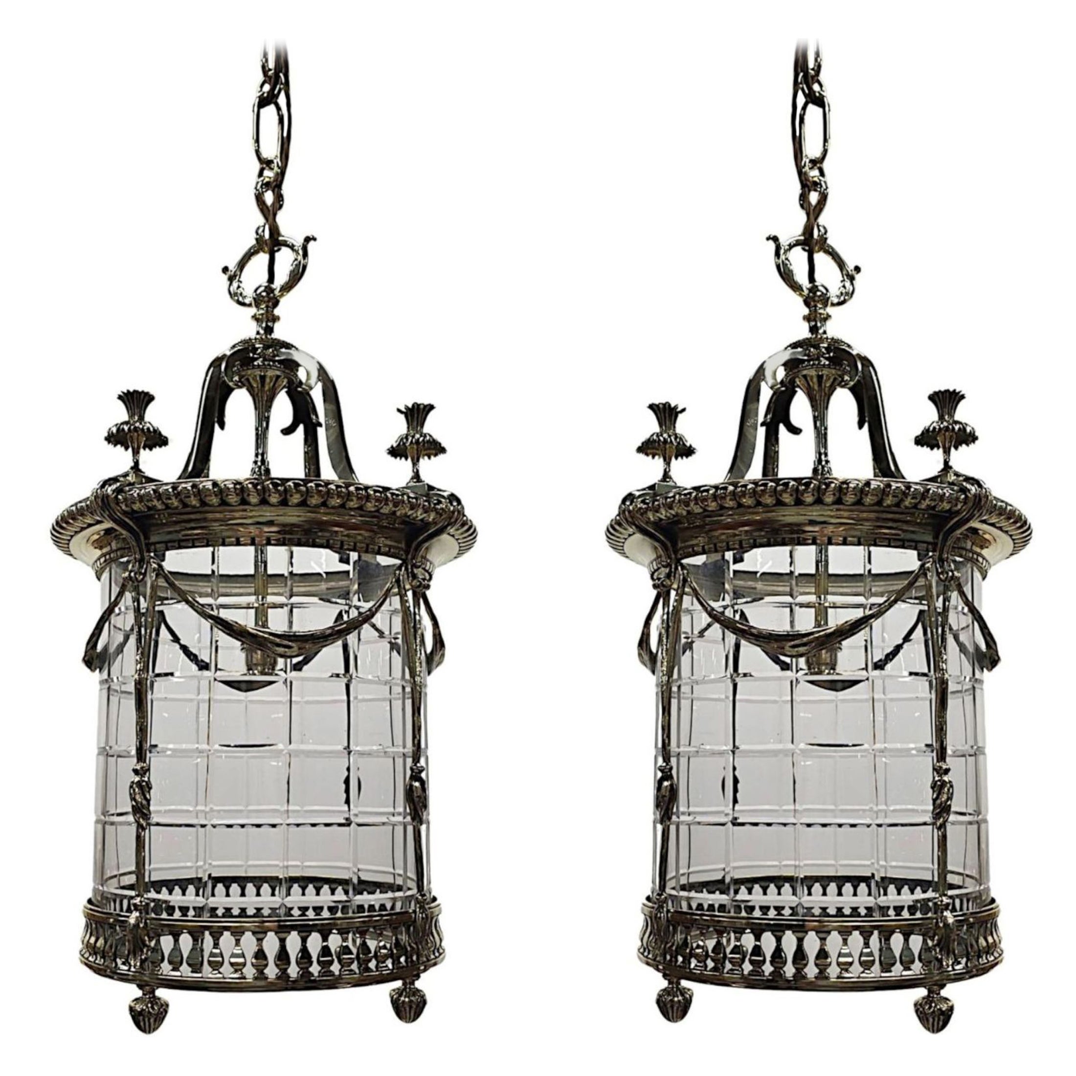 Early 20th Century Rare Pair of  Brass and Glass Lanterns
