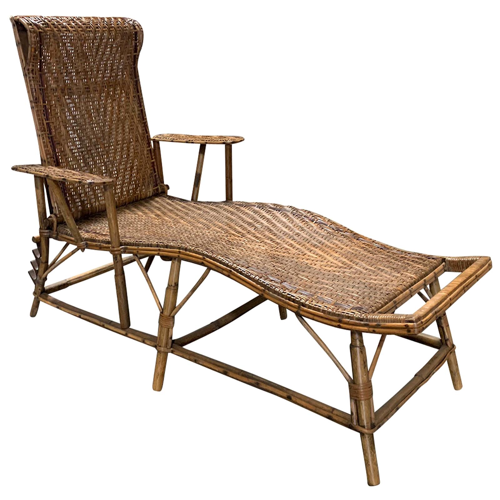 Early 20th Century Rattan and Bamboo Folding Chaise Lounge with Adjustable Back