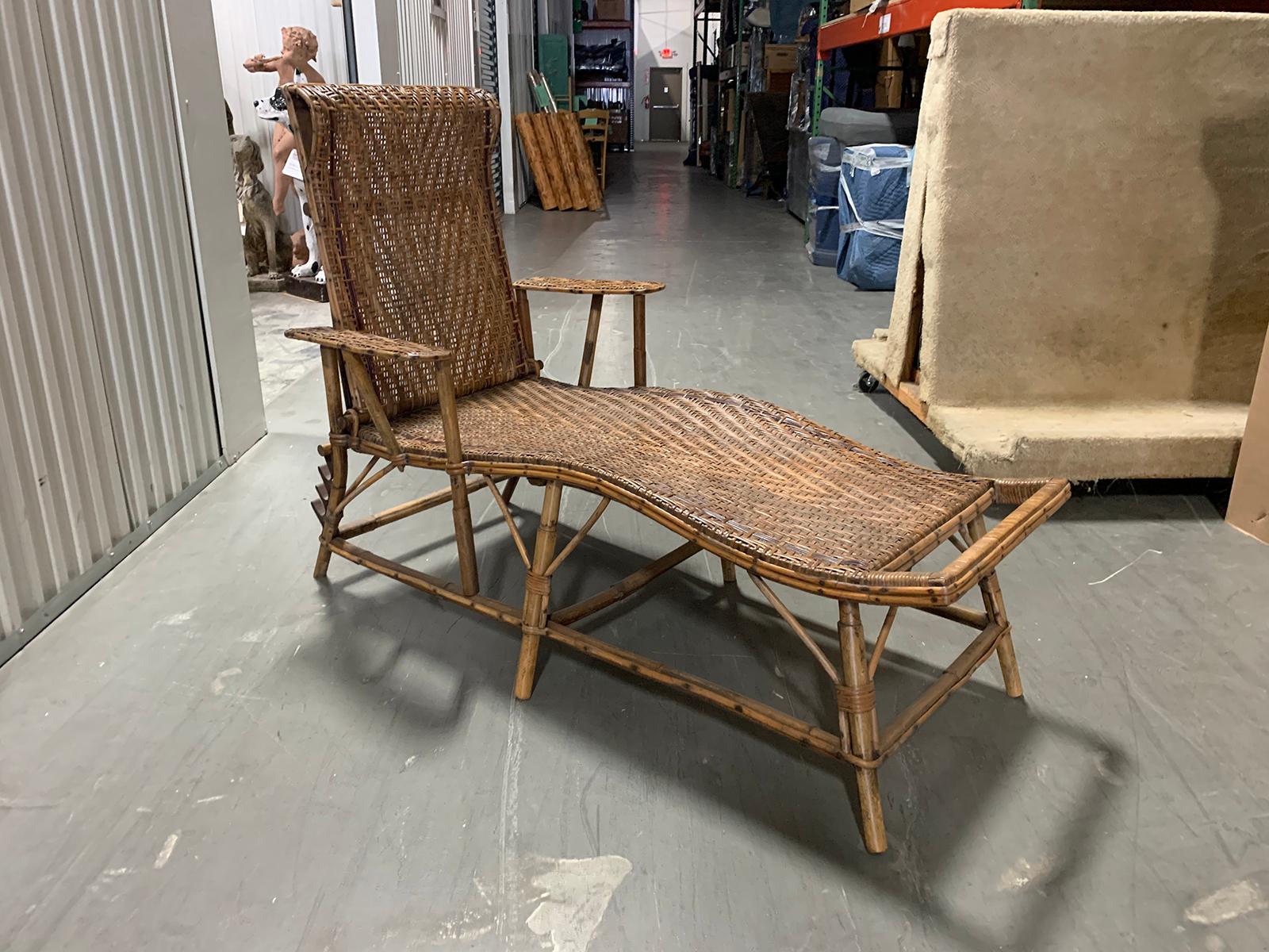 Early 20th Century Rattan and Bamboo Folding Chaise Lounge with Adjustable Back In Good Condition In Atlanta, GA