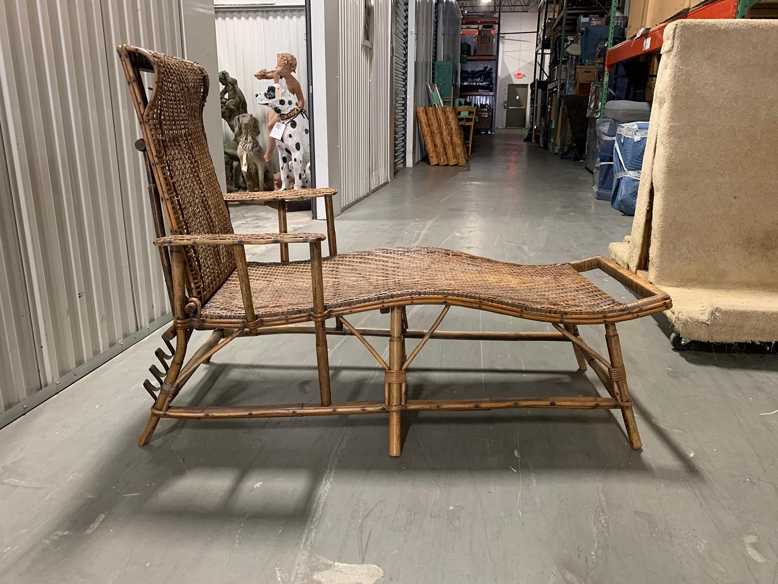 Early 20th Century Rattan and Bamboo Folding Chaise Lounge with Adjustable Back 1