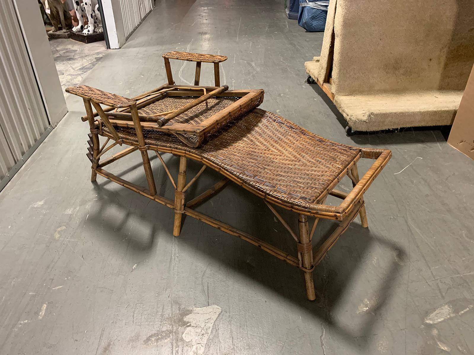 Early 20th Century Rattan and Bamboo Folding Chaise Lounge with Adjustable Back 4