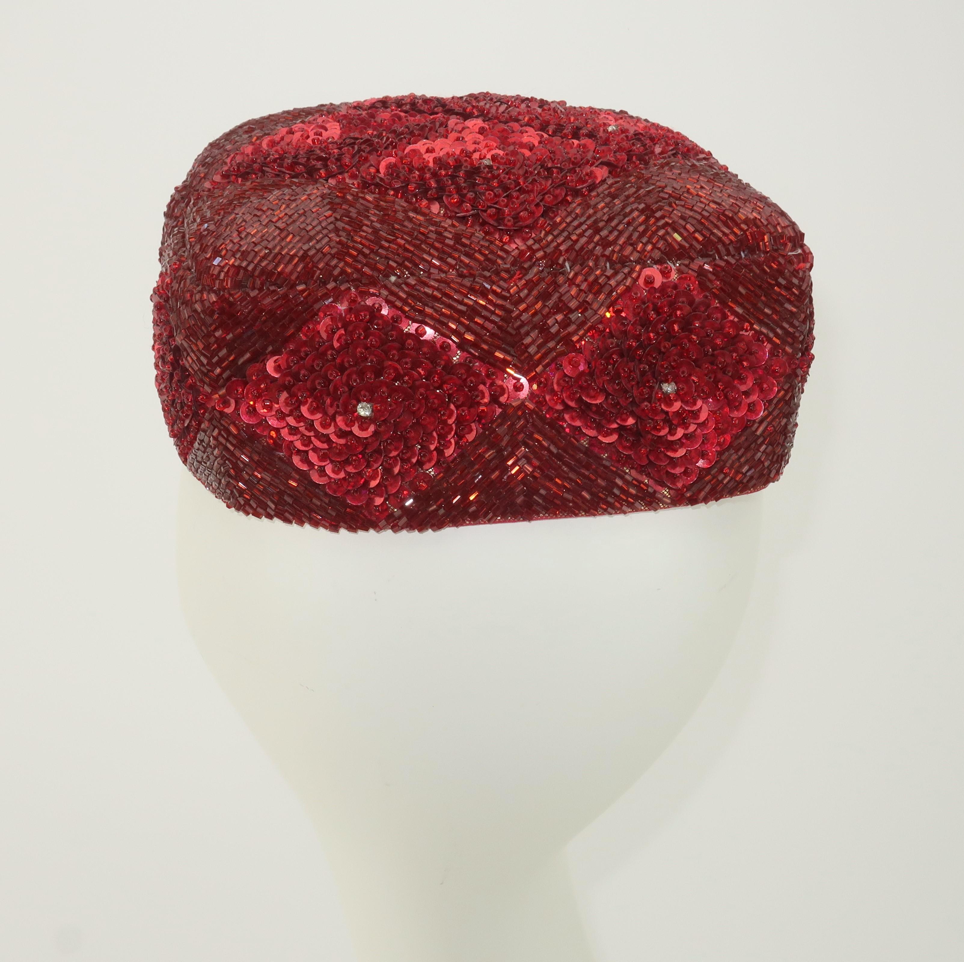 Brown Early 20th Century Red Bead & Sequin Central Asian Hat For Sale