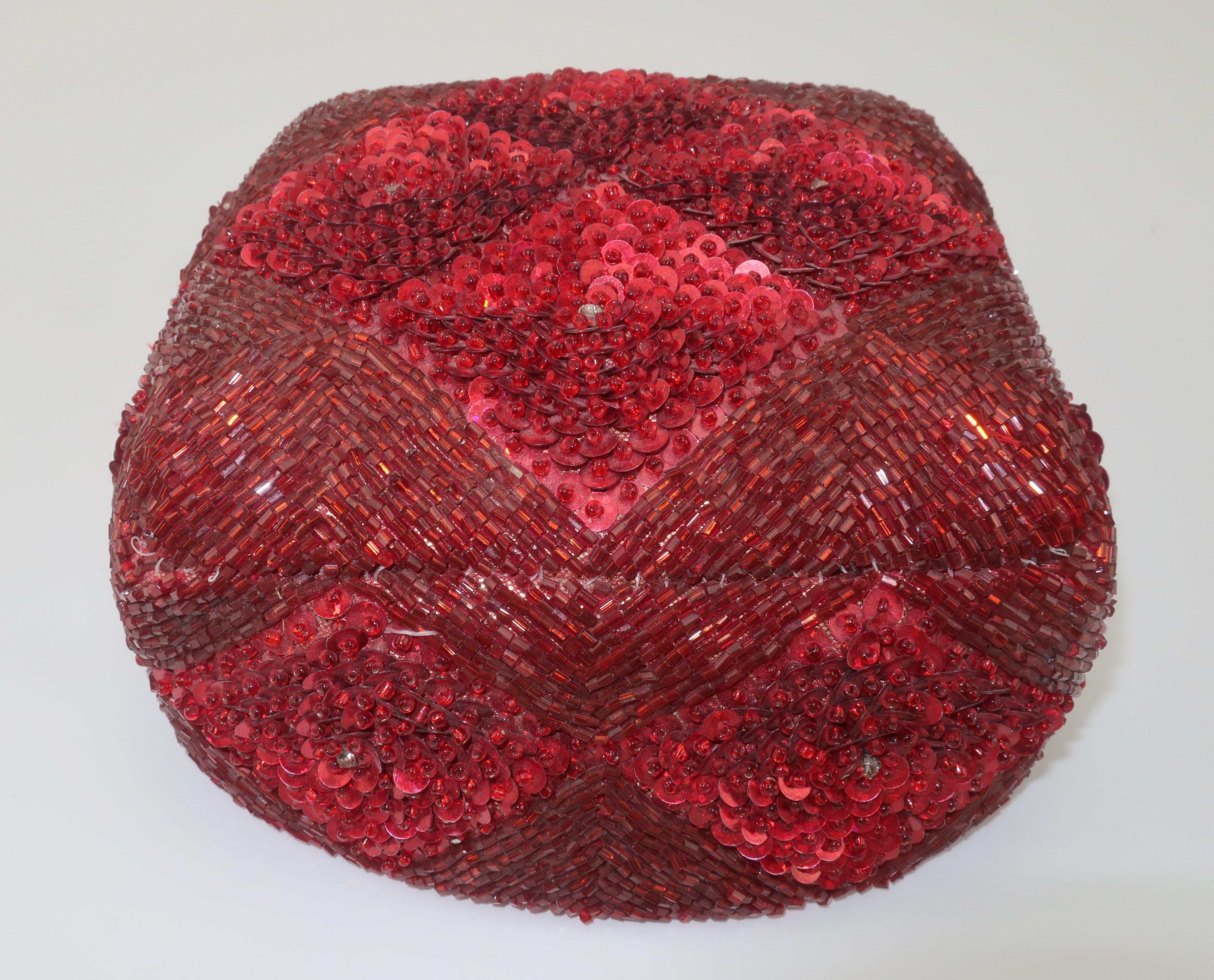 Early 20th Century Red Bead & Sequin Central Asian Hat In Good Condition For Sale In Atlanta, GA