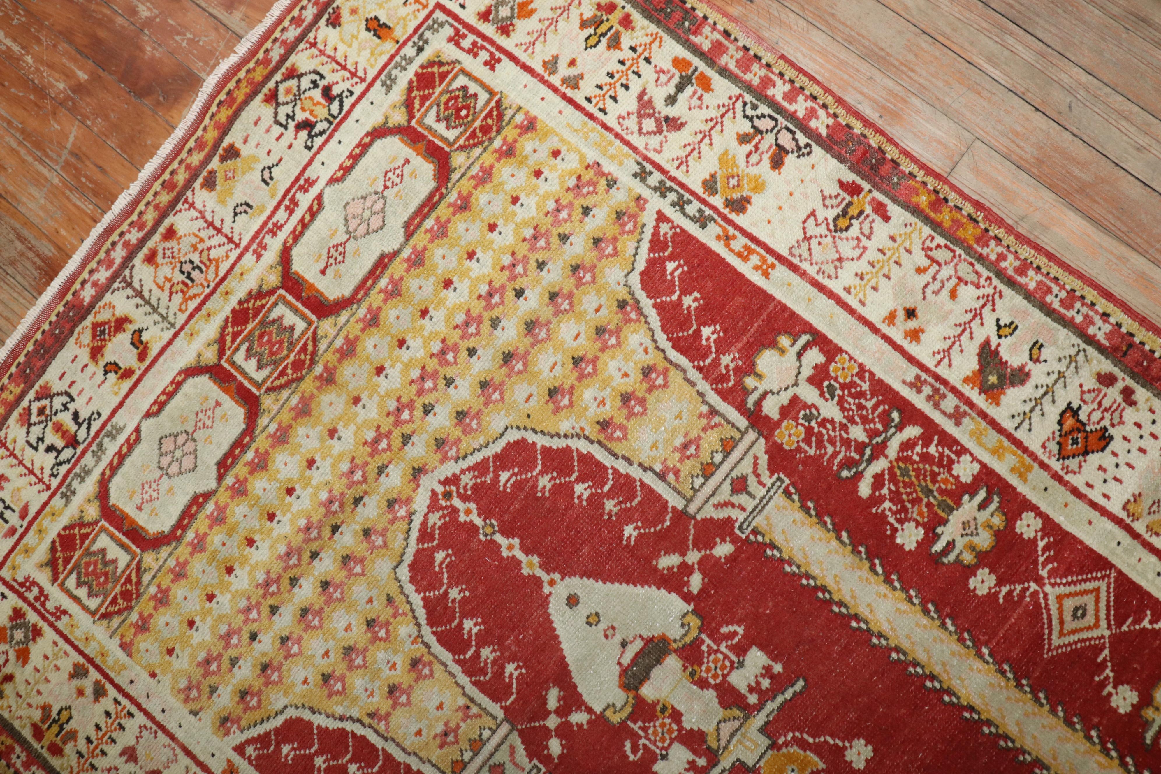 Hand-Knotted Early 20th Century Red Field Ivory Border Column Scroll Turkish Prayer Rug For Sale