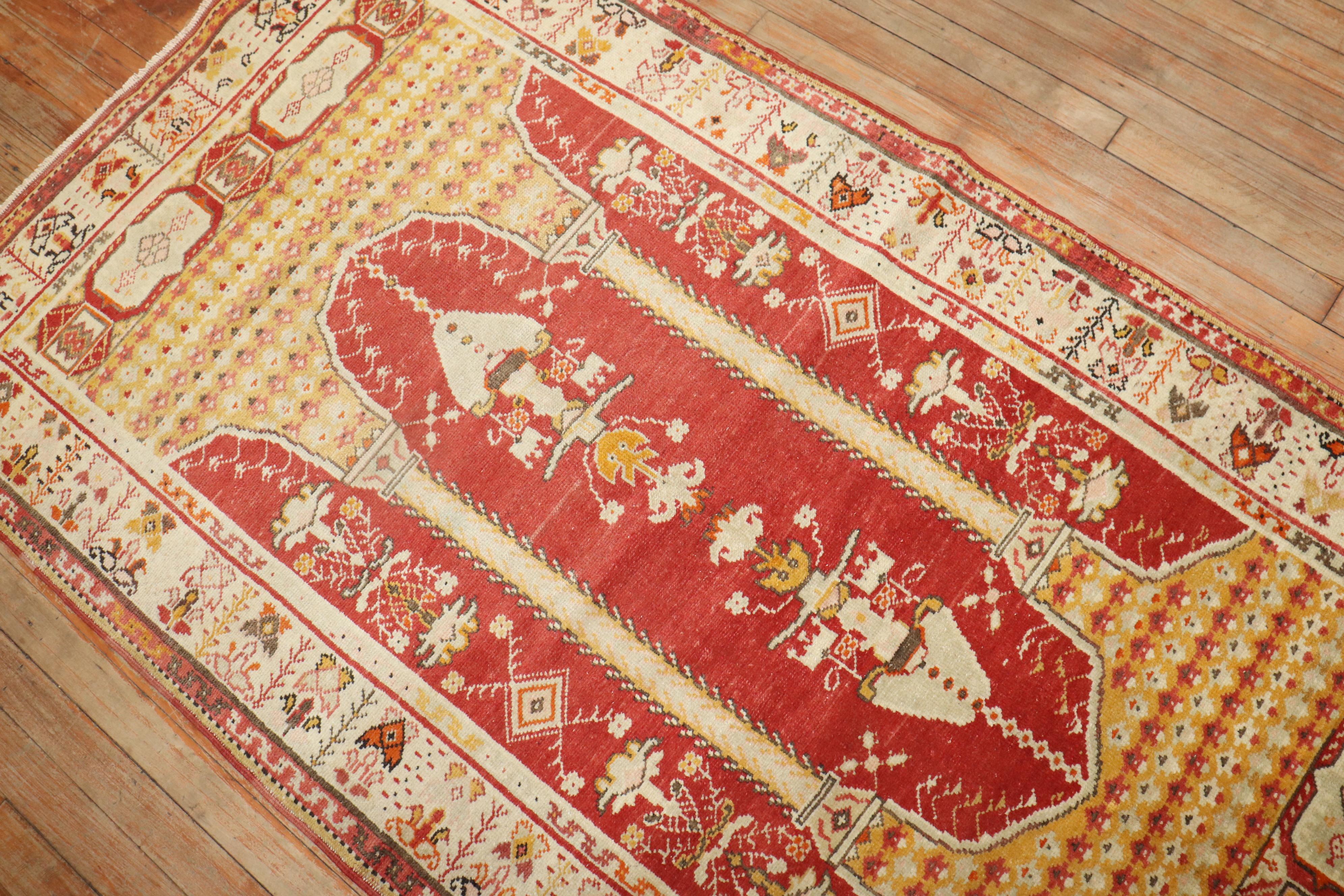 Wool Early 20th Century Red Field Ivory Border Column Scroll Turkish Prayer Rug For Sale