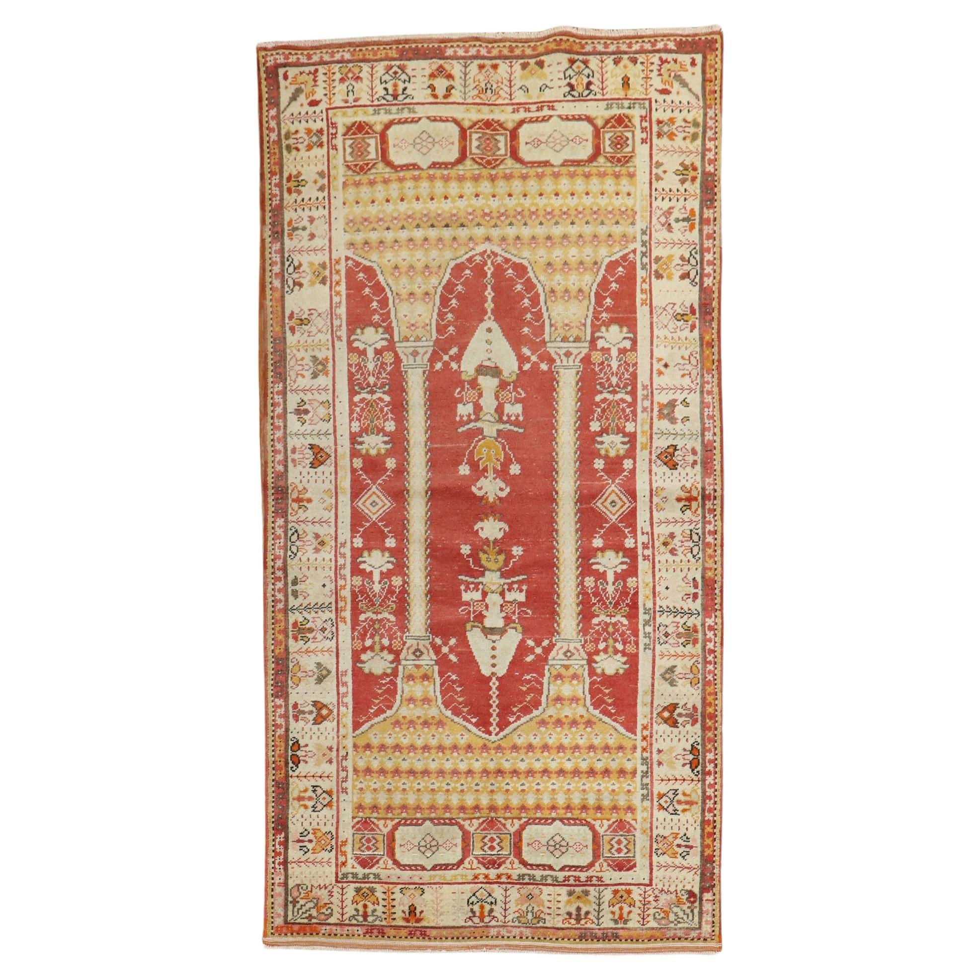 Early 20th Century Red Field Ivory Border Column Scroll Turkish Prayer Rug