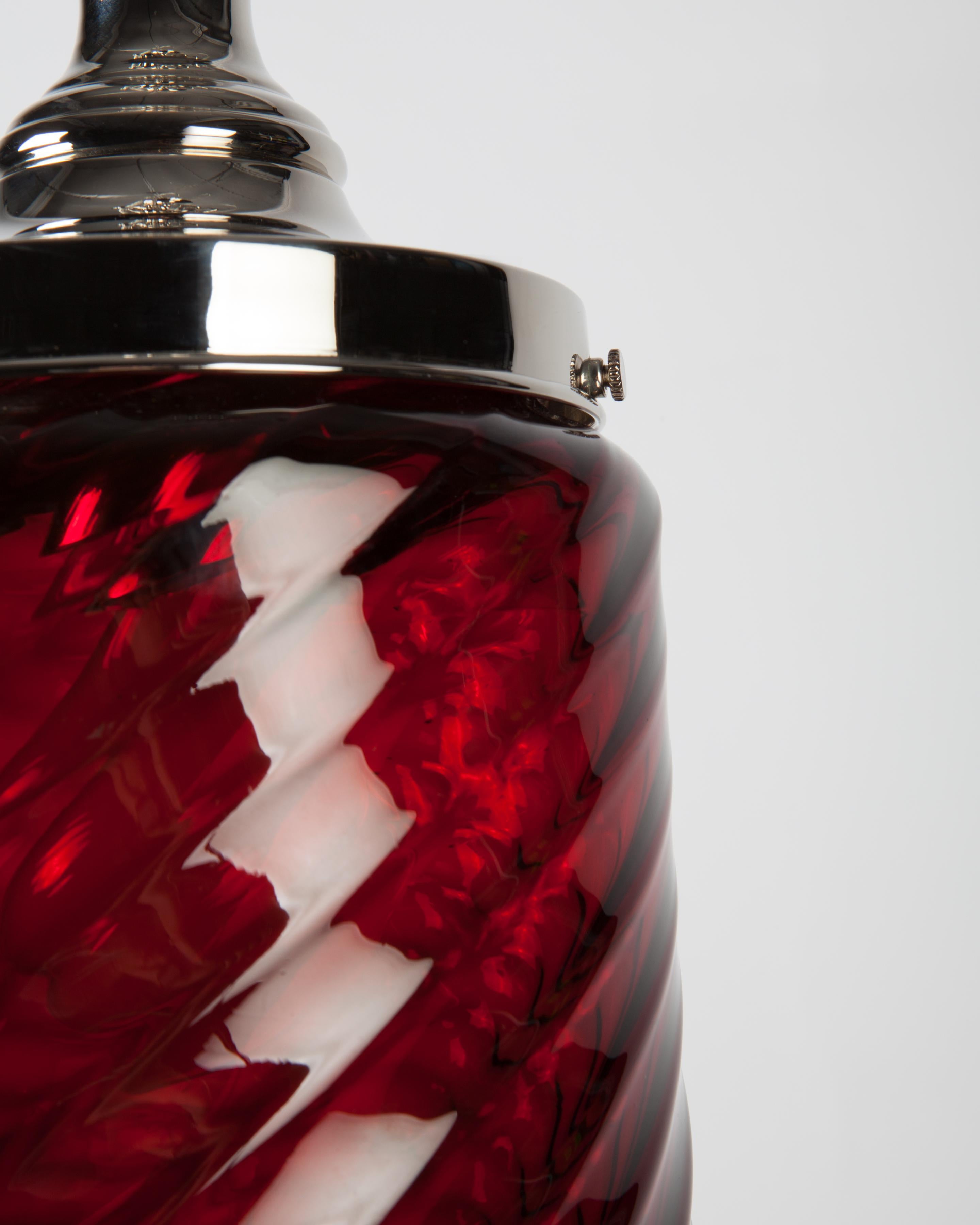 American  Nickel Pendant with Red Hand Blown Swirl Patterned Glass Cylinder, Circa 1900s For Sale