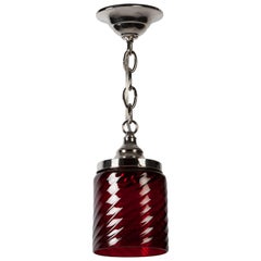 Nickel Pendant with Red Hand Blown Swirl Patterned Glass Cylinder, Circa 1900s