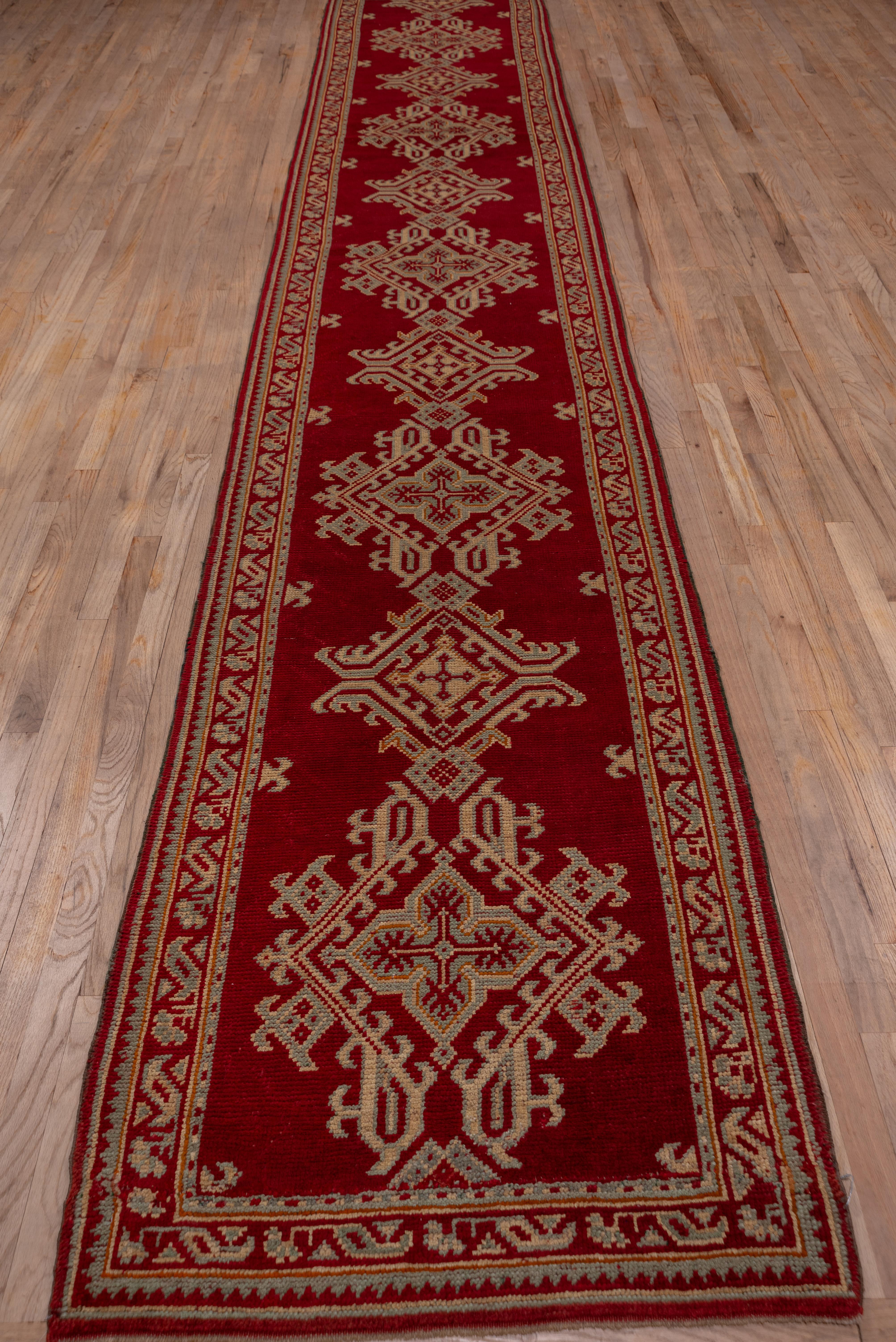 The blood red field of this western Anatolian workshop runner displays a comfortably situated Yaprak (Leaf) pattern accented in powder blue, pale green, light rust and ivory. The blood red border displays discrete leaf/carnation modules.