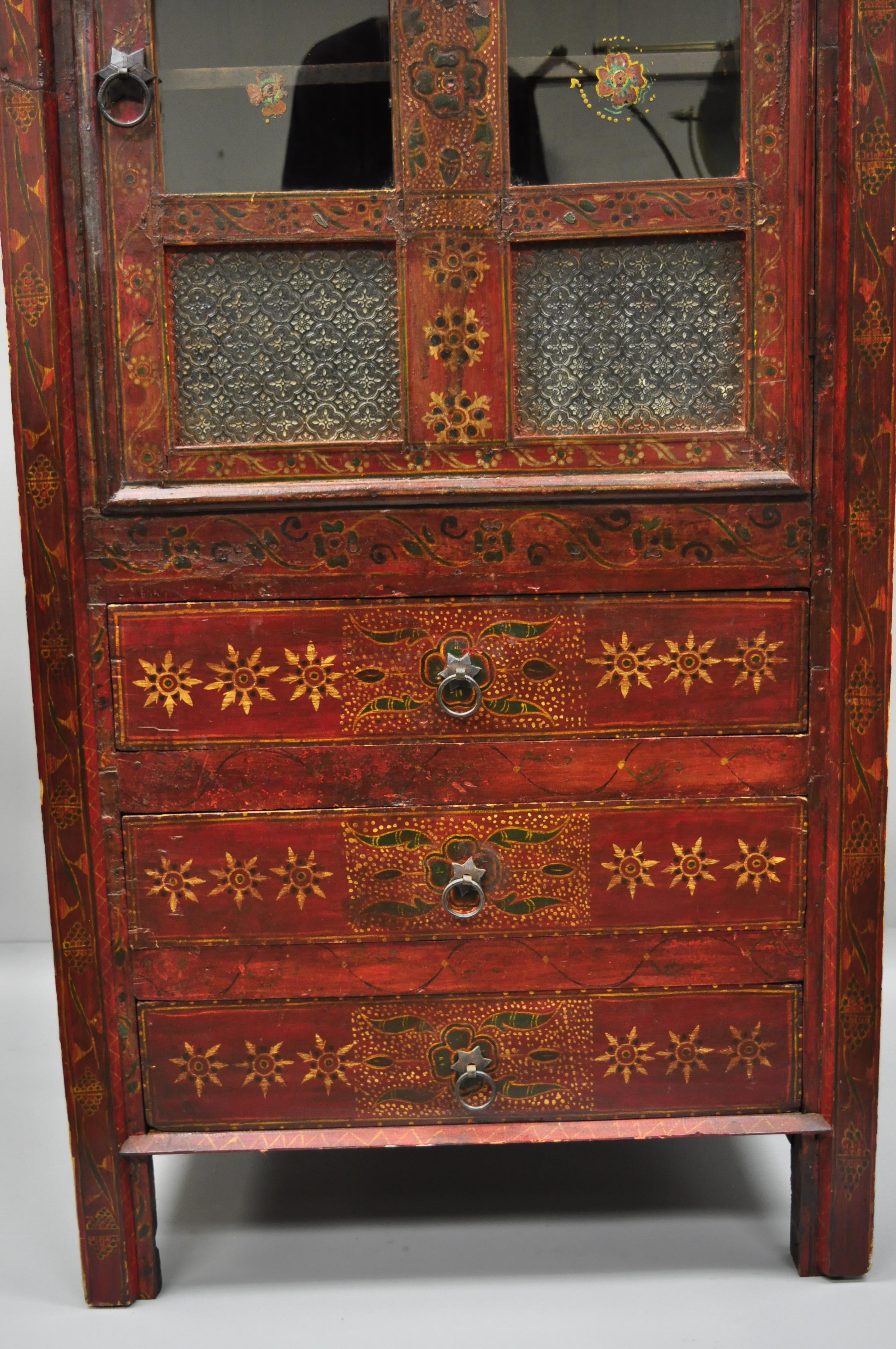Primitive Early 20th Century Red Painted Mongolian Asian Tibetan Boho Cupboard Cabinet