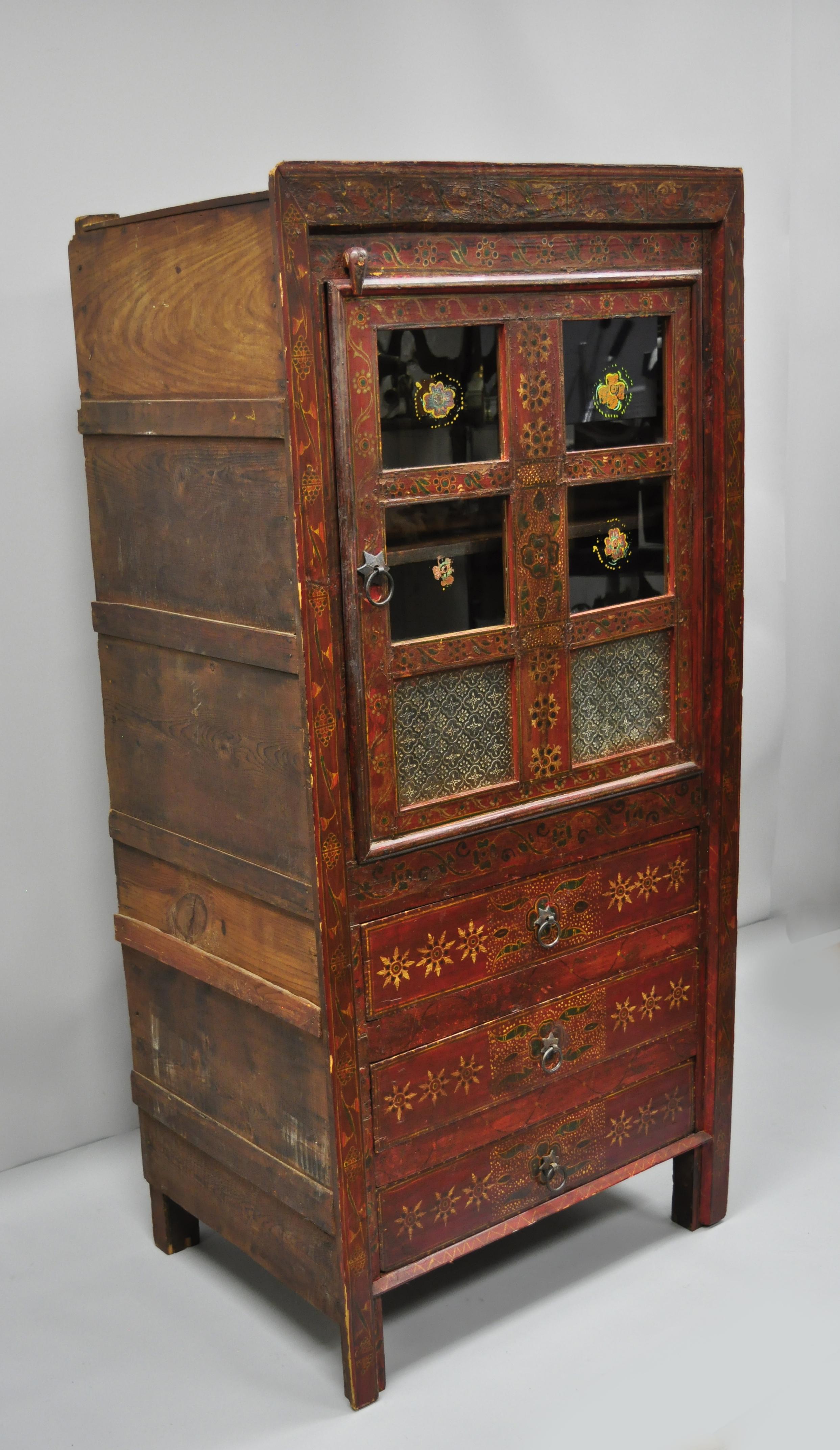 Early 20th Century Red Painted Mongolian Asian Tibetan Boho Cupboard Cabinet In Good Condition In Philadelphia, PA