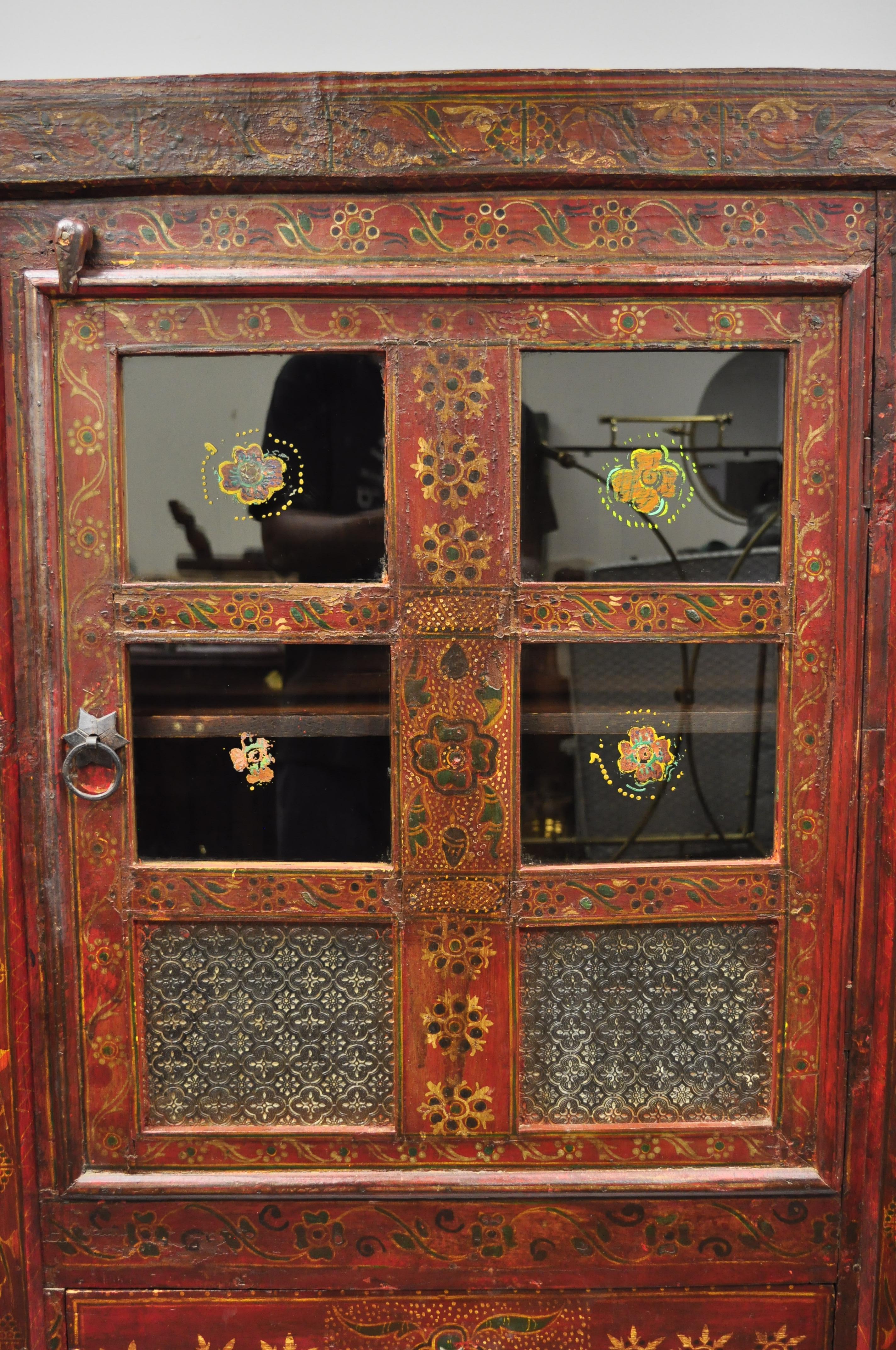 Glass Early 20th Century Red Painted Mongolian Asian Tibetan Boho Cupboard Cabinet