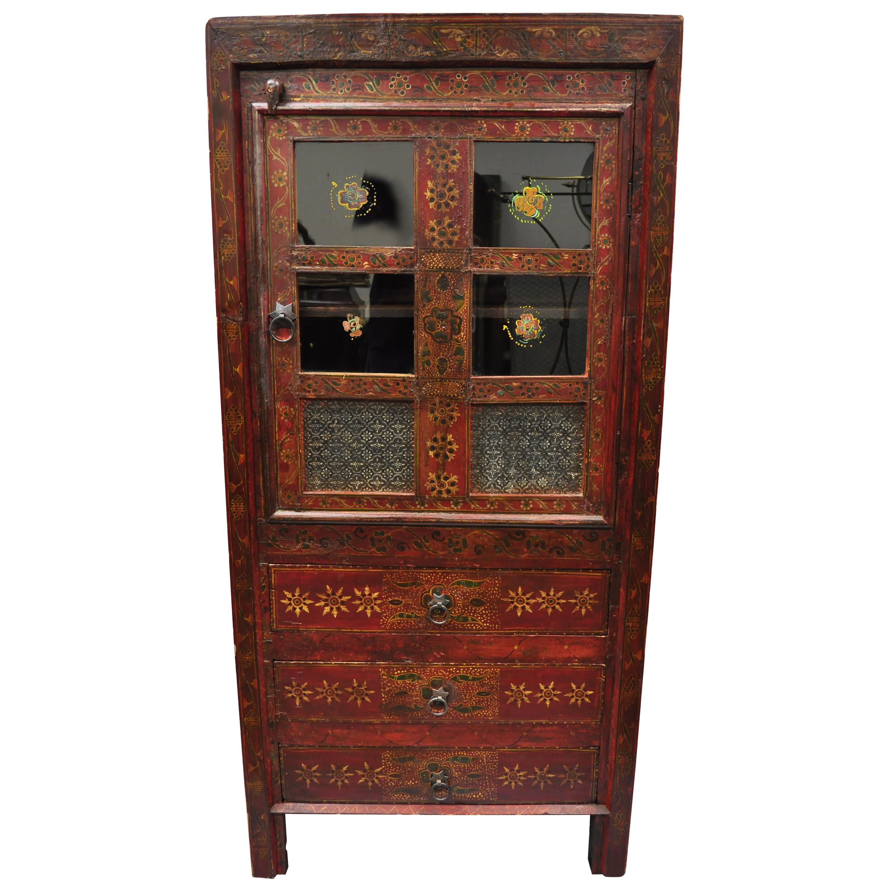 Early 20th Century Red Painted Mongolian Asian Tibetan Boho Cupboard Cabinet