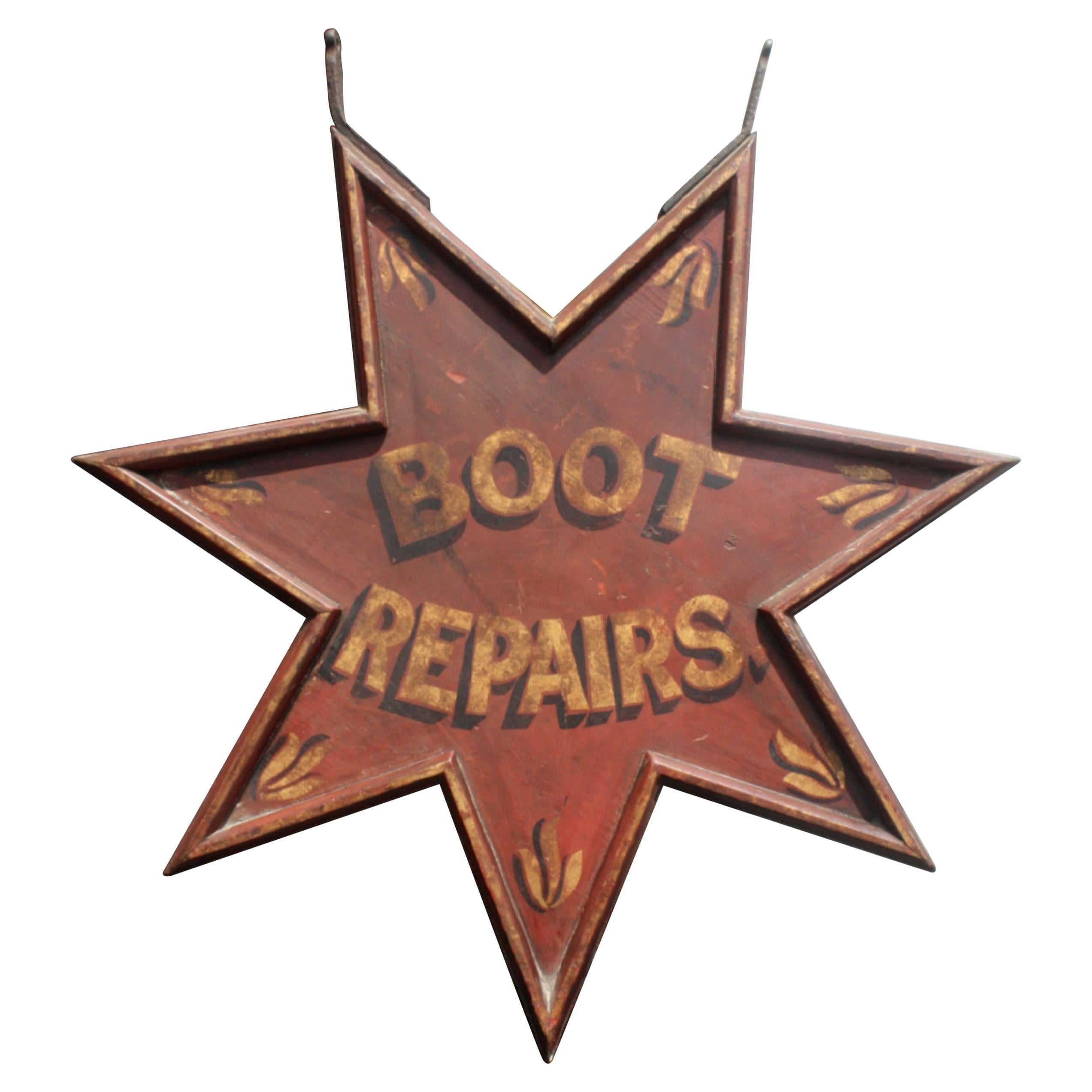 Early 20th Century Red Star Trade Sign Folk Art "Boot Repair" R Kennetts