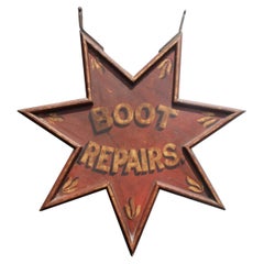 Early 20th Century Red Star Trade Sign Folk Art "Boot Repair" R Kennetts