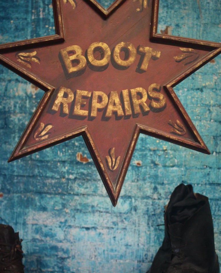 He we have a wonderful early 20th century double sided boot repair sign that once hung outside R.Kennetts 

R.Kennetts was based on the high street, Sheernes, Sheppey, Kent 

The sign was found in the 1970s in the basement of the above shop,