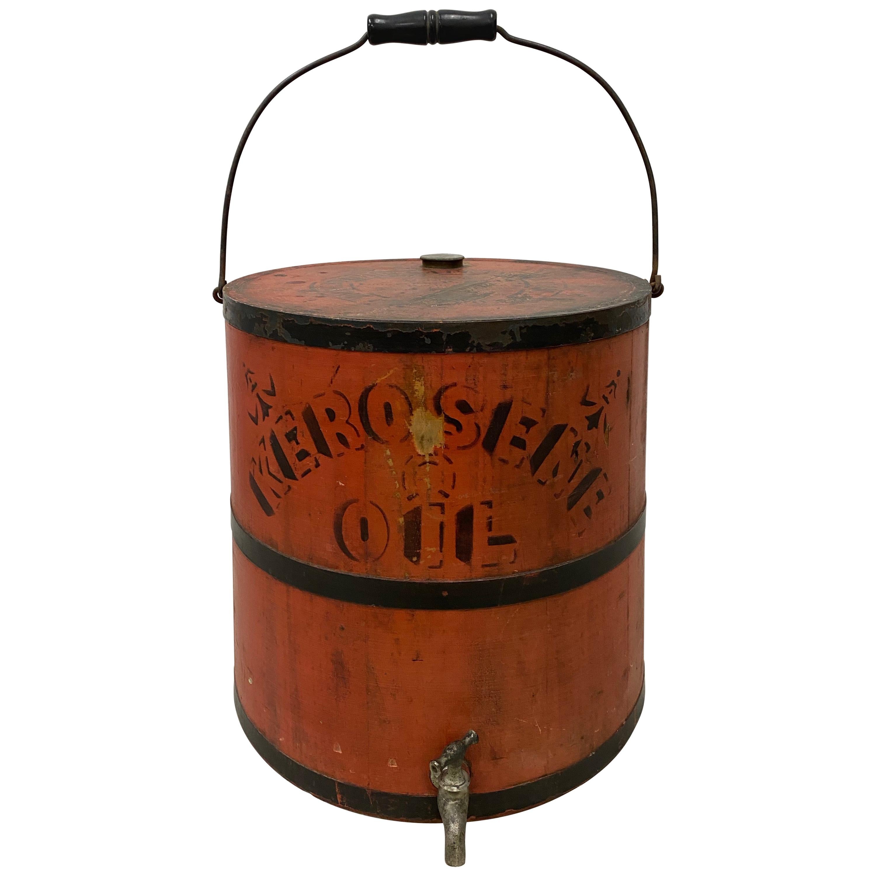 Early 20th Century Red Stenciled Kerosene Oil Can for Side Table or Plant Stand For Sale