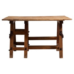 Early 20th Century Red Wood Work Table with Cast Iron Accents