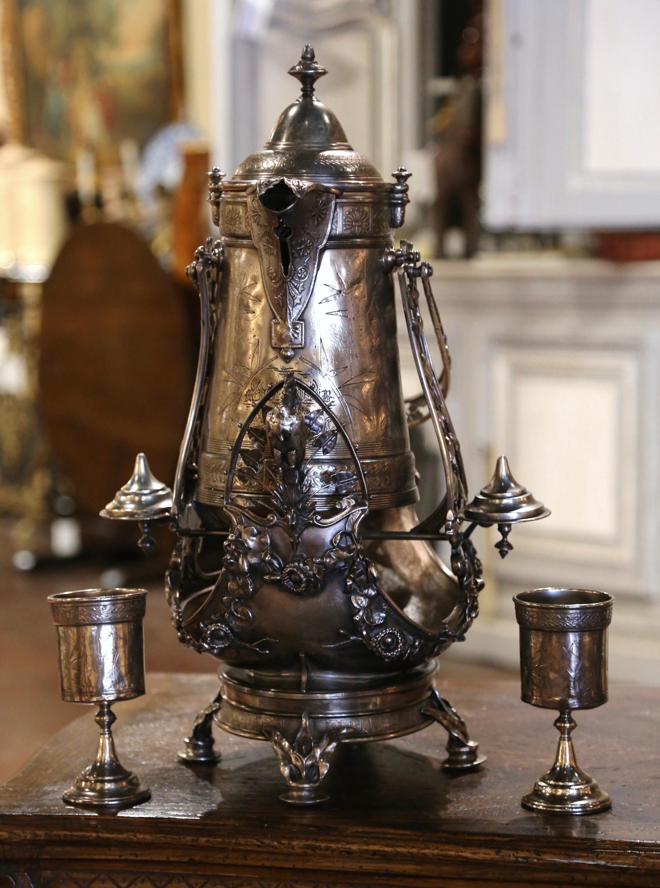 Silver Plate Early 20th Century Reed & Barton Samovar on Separate Base with Goblets For Sale