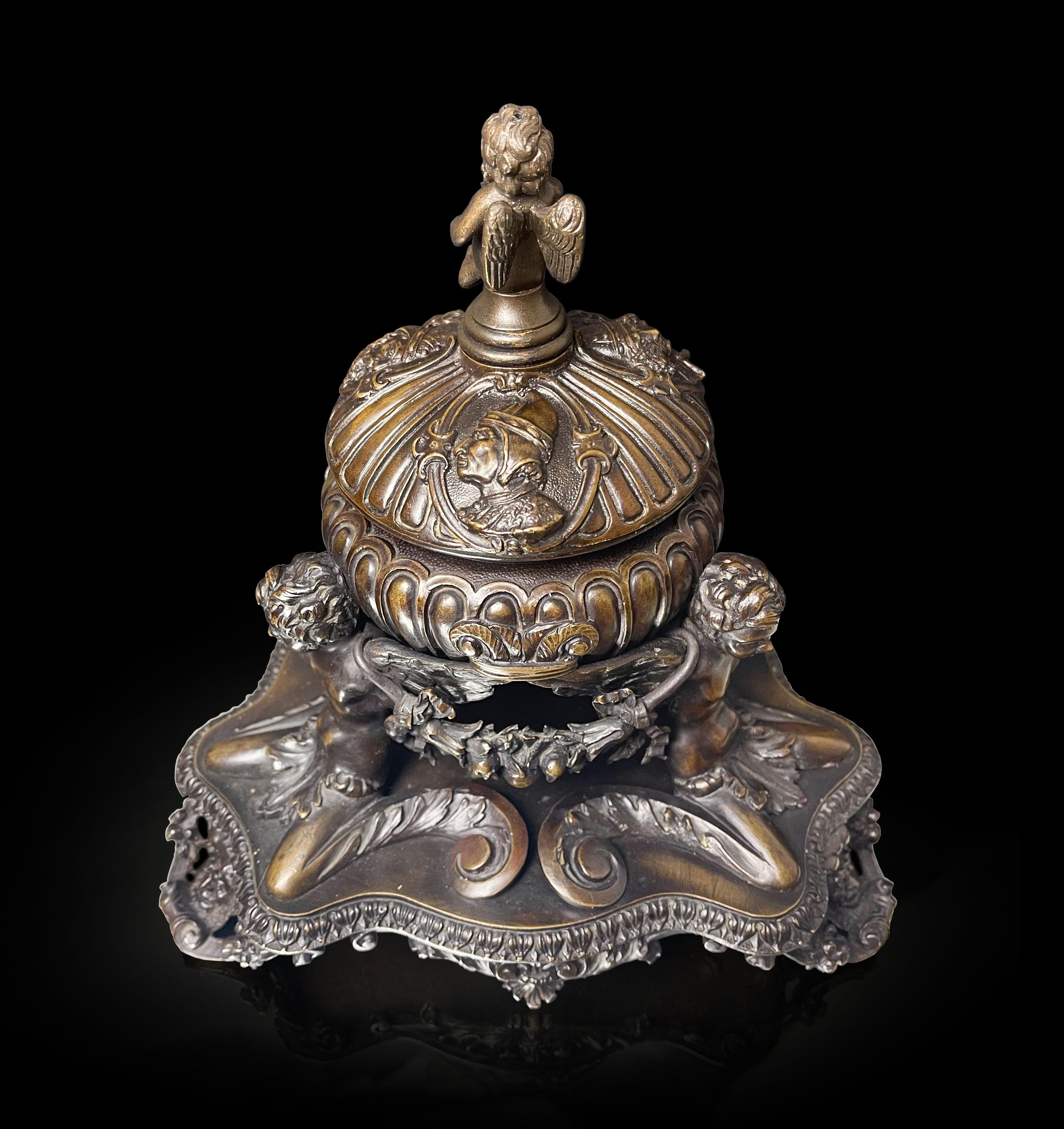 Classical Roman Early 20th Century Renaissance Style Patinated Bronze Inkwell by E.F. Caldwell For Sale