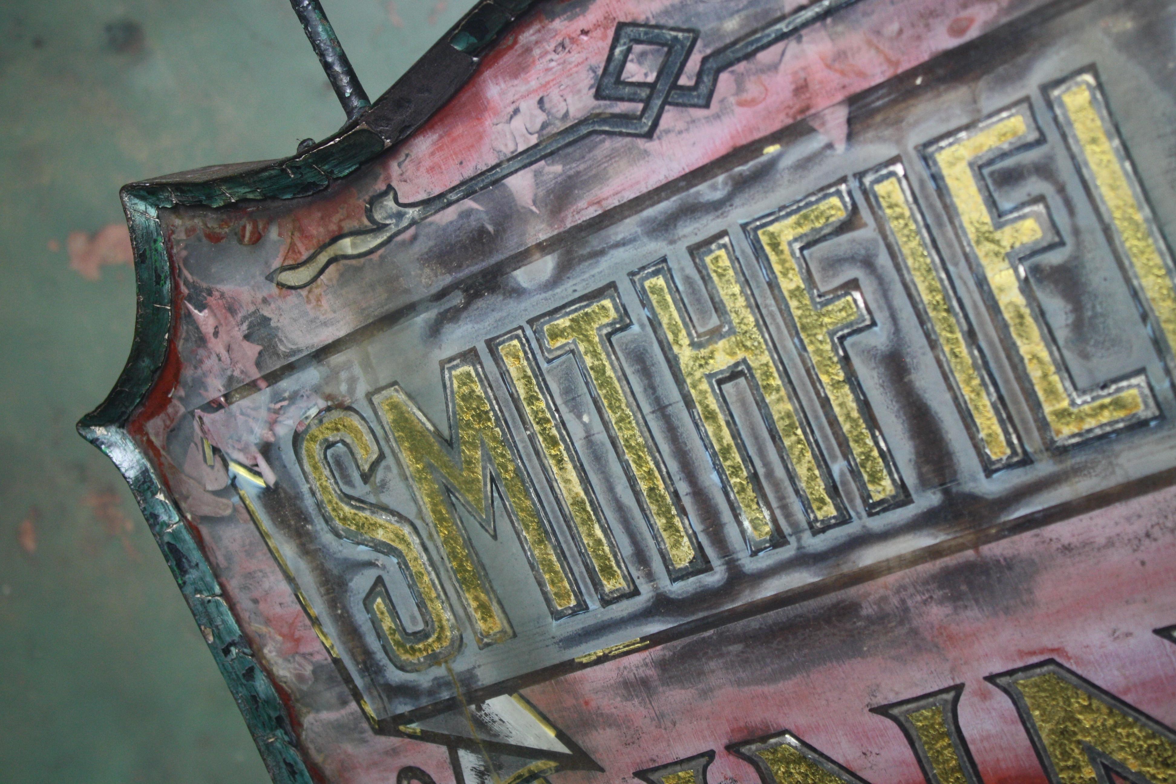 English Early 20th Century Reverse Painted Glass Tavern Pub Sign Smithfield Inn