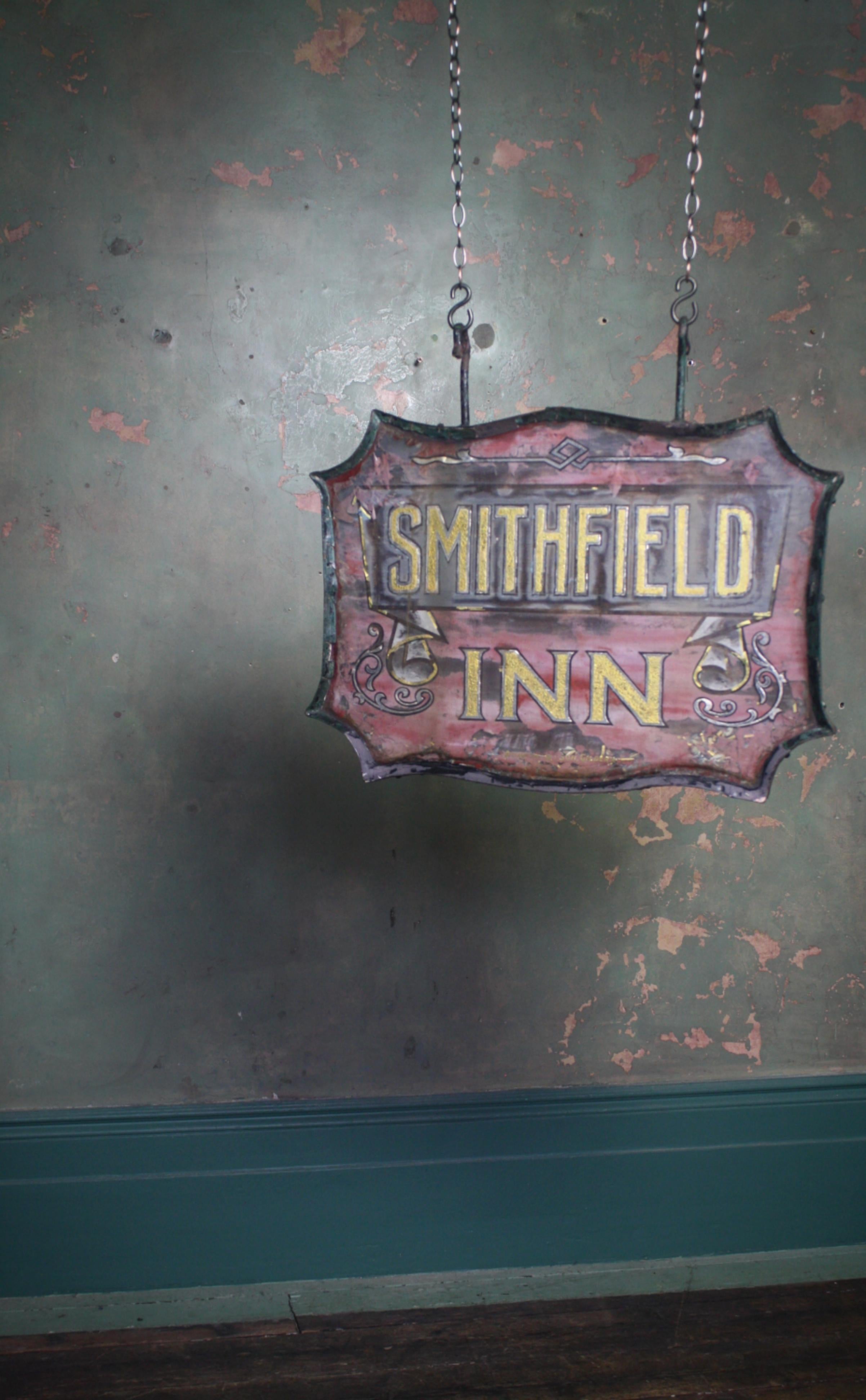 Early 20th Century Reverse Painted Glass Tavern Pub Sign Smithfield Inn 2