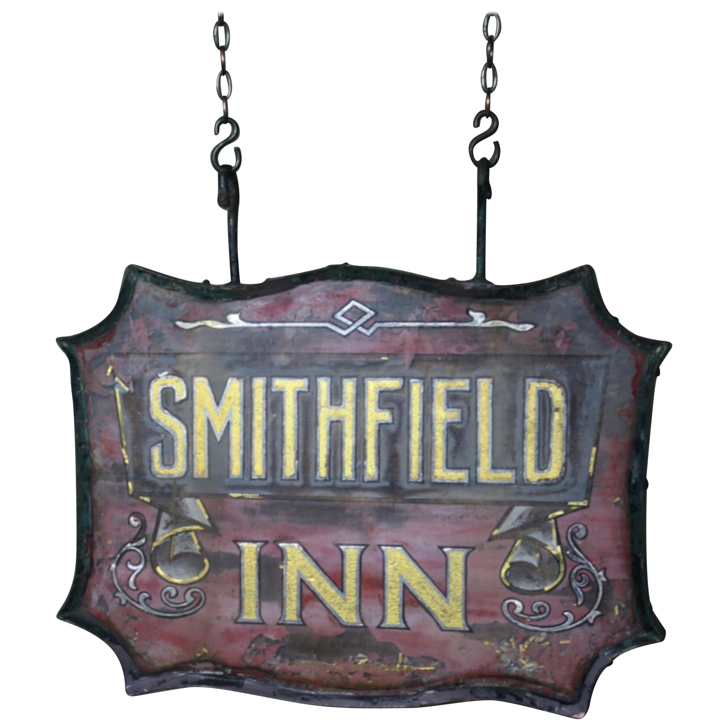 Early 20th Century Reverse Painted Glass Tavern Pub Sign Smithfield Inn