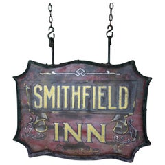 Antique Early 20th Century Reverse Painted Glass Tavern Pub Sign Smithfield Inn