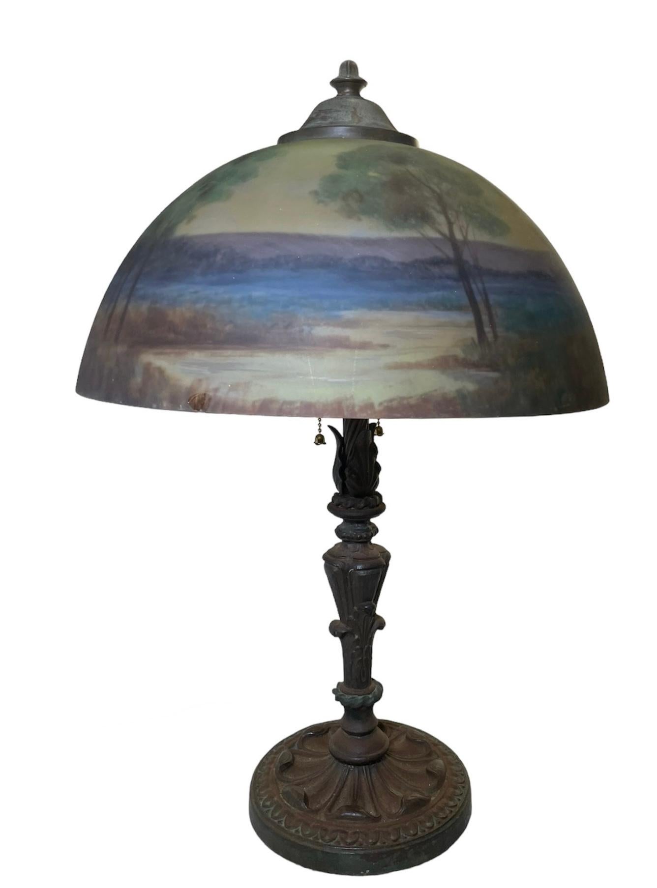 Early 20th Century Reverse Painting Glass Shade And Bronze lamp For Sale 6