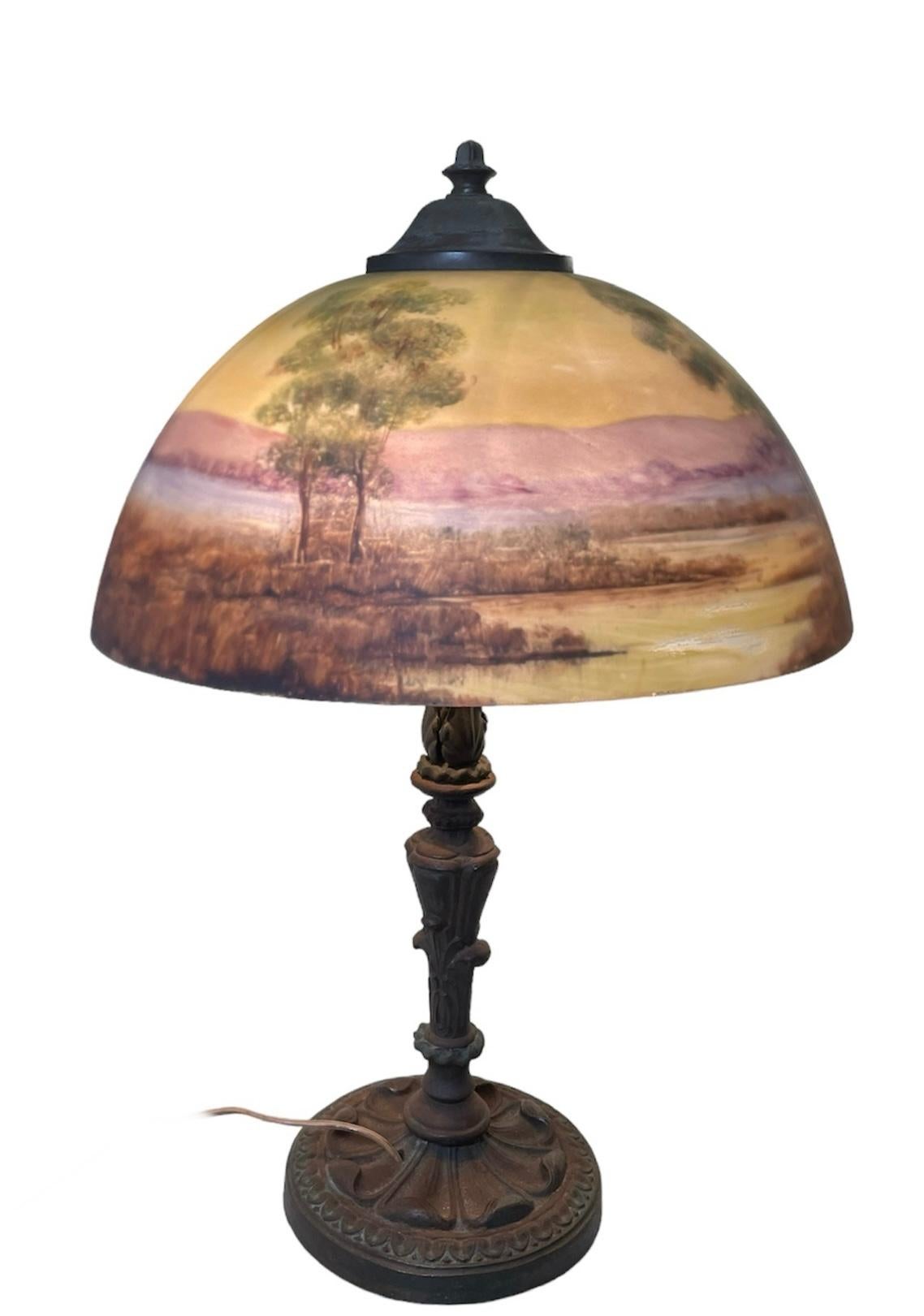 Arts and Crafts Early 20th Century Reverse Painting Glass Shade And Bronze lamp For Sale