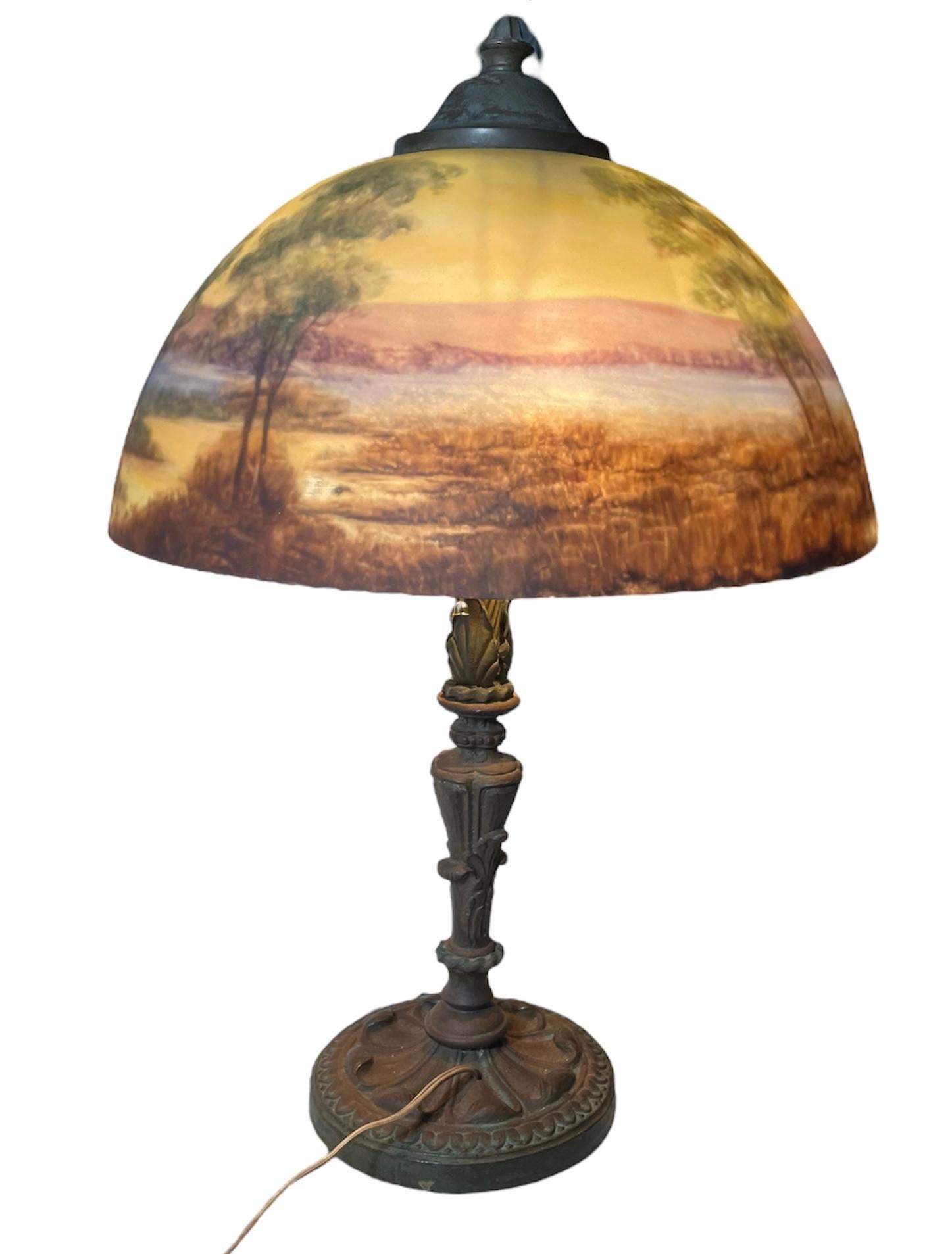 Hand-Painted Early 20th Century Reverse Painting Glass Shade And Bronze lamp For Sale