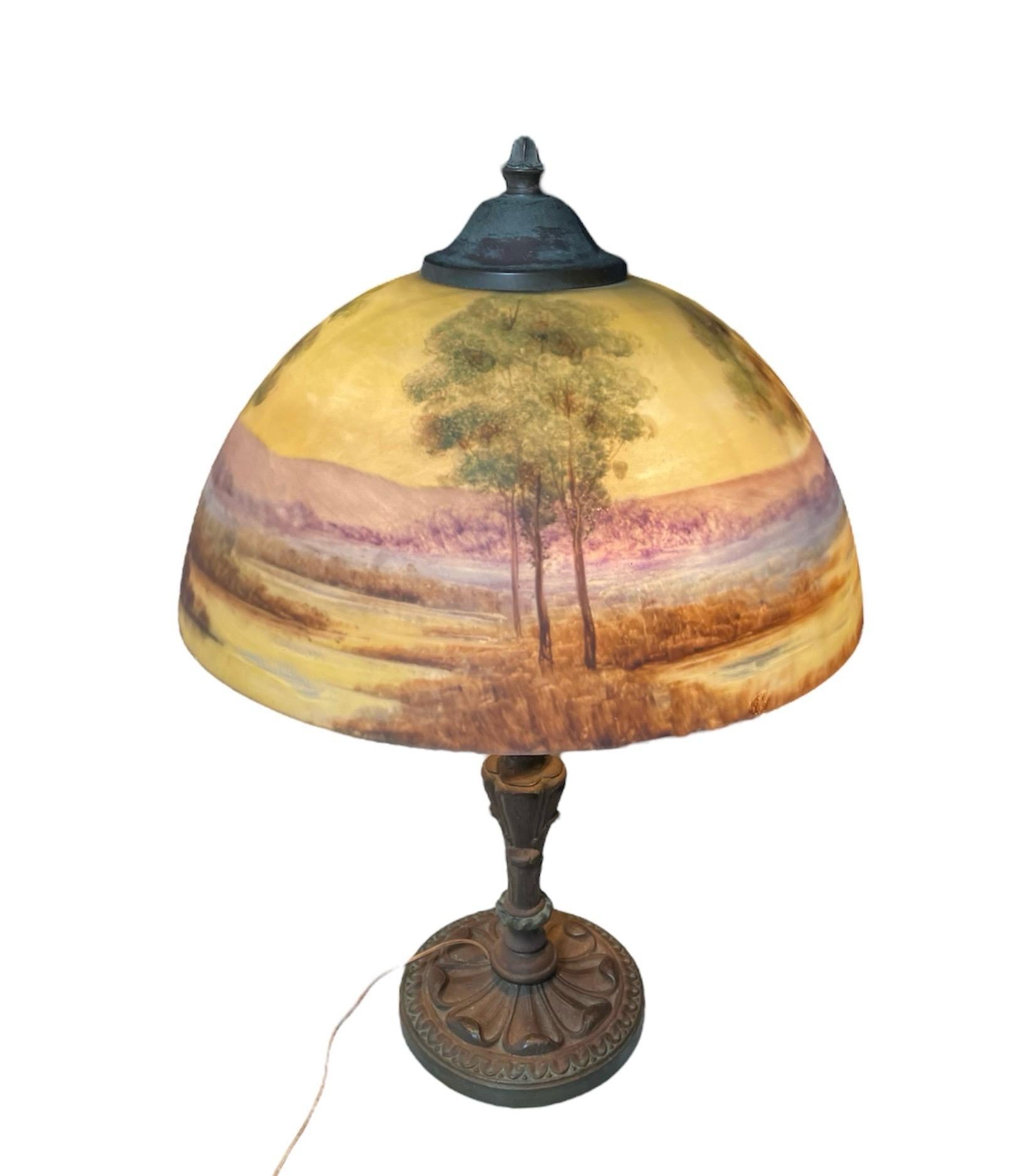 Early 20th Century Reverse Painting Glass Shade And Bronze lamp For Sale 1