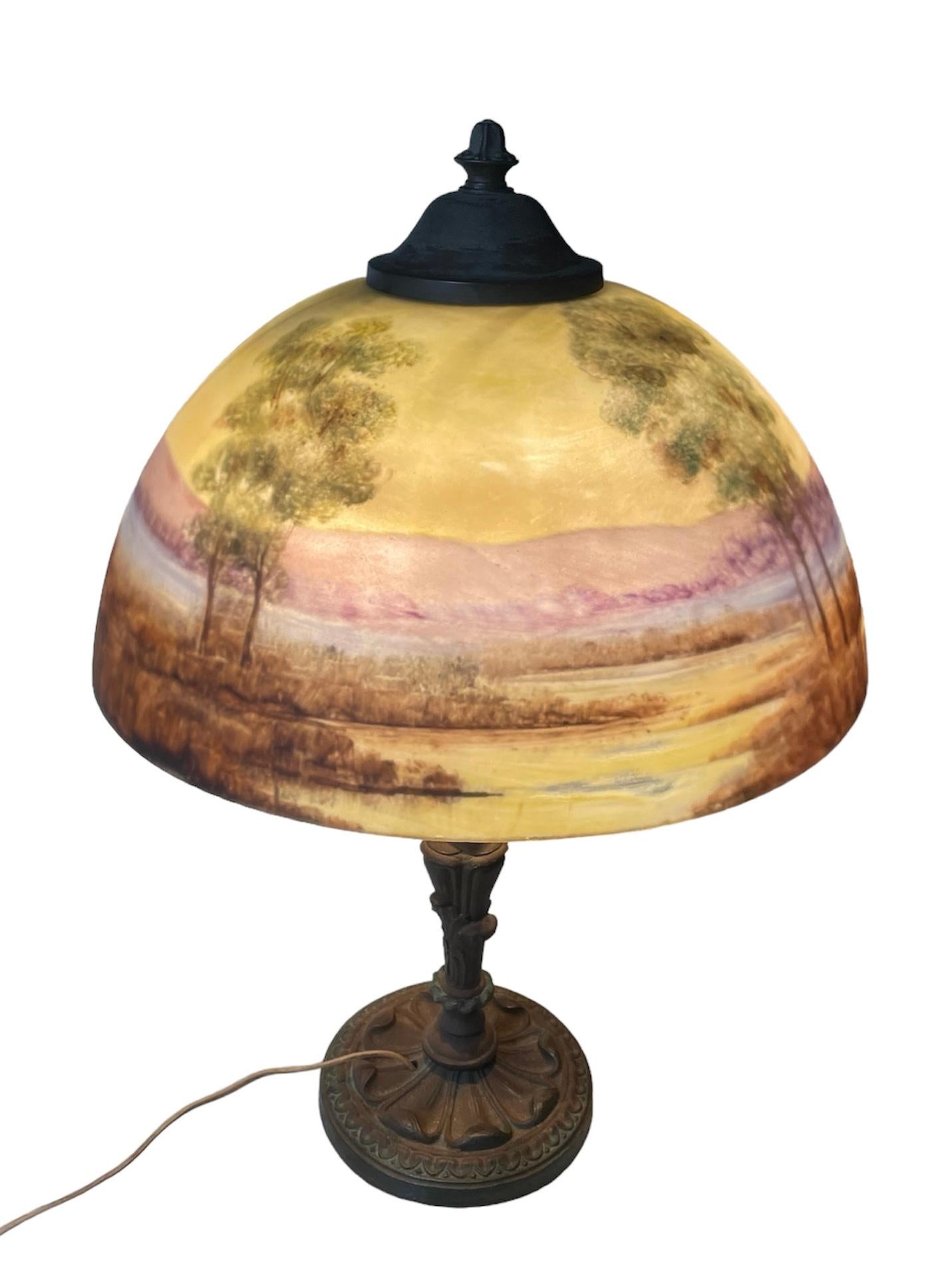 Early 20th Century Reverse Painting Glass Shade And Bronze lamp For Sale 2